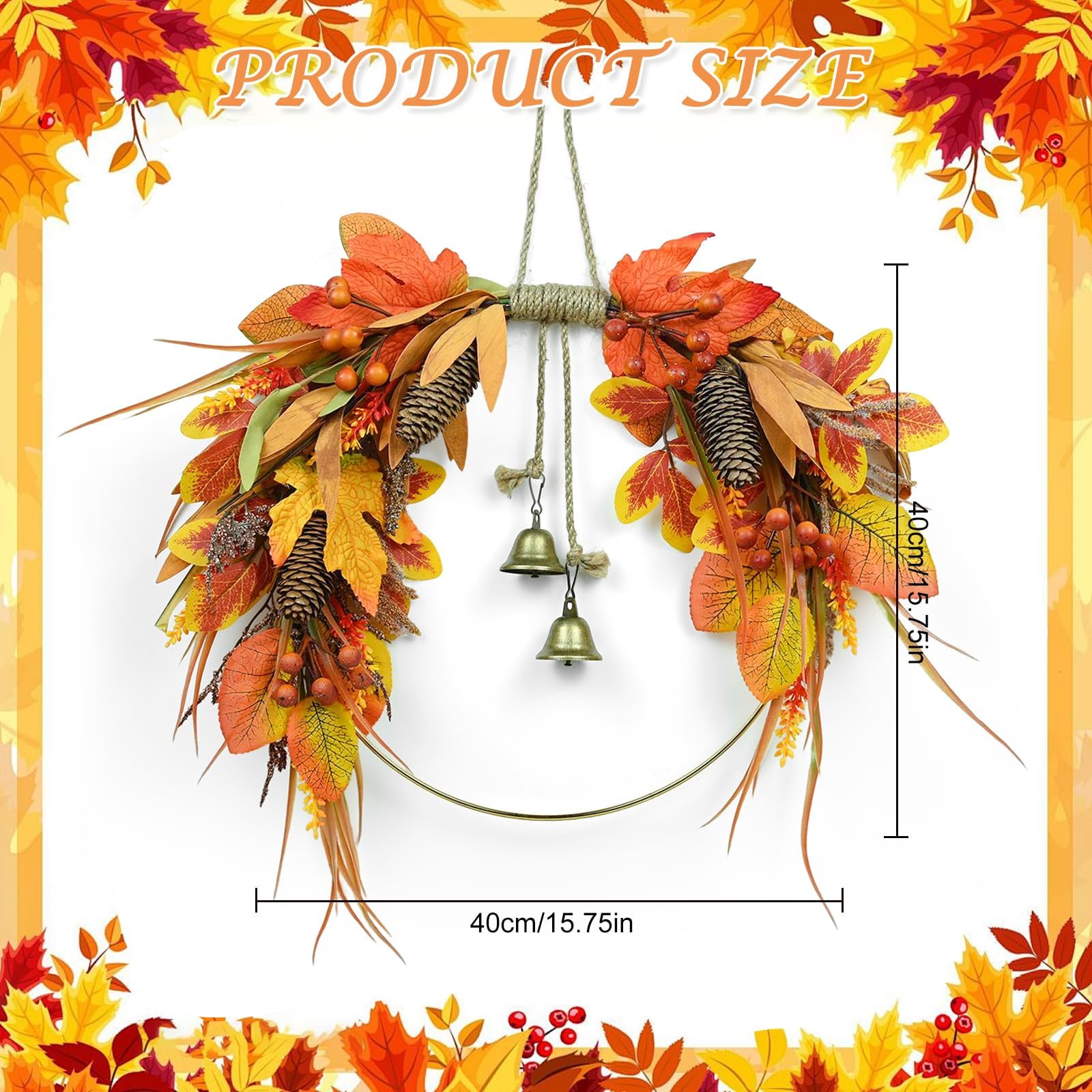 Thanksgiving Fall Wreath for Front Door 17 Inch Autumn Wreath Harvest Wreaths with Pine Cones Maple Leaves Berries Autumn Fall D