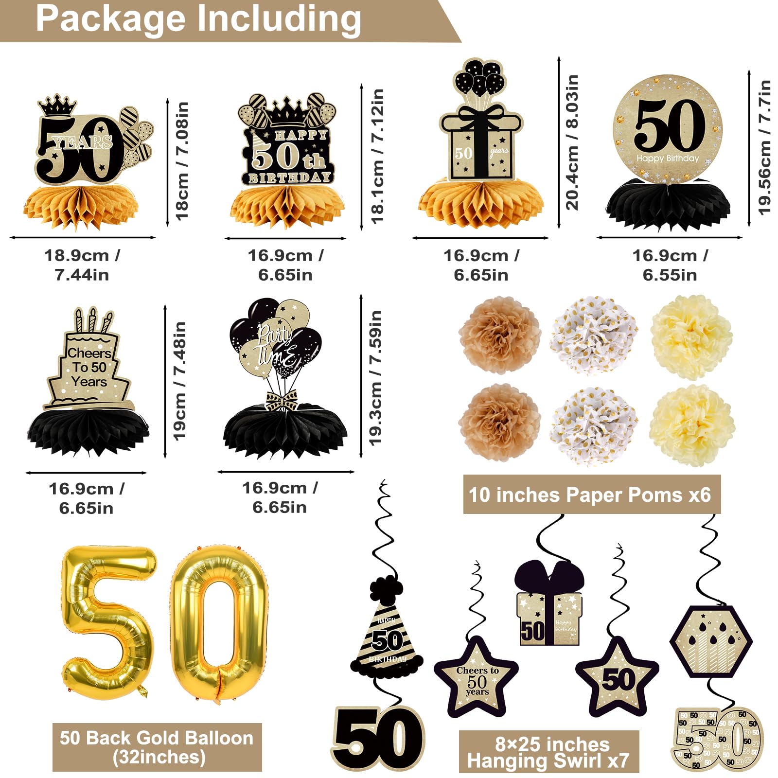 50Th Birthday Decorations For Men Women,24Pcs 1975 Banner Decorations,Including Banner,9 Honeycomb Topper,50 Balloons,Anniversar