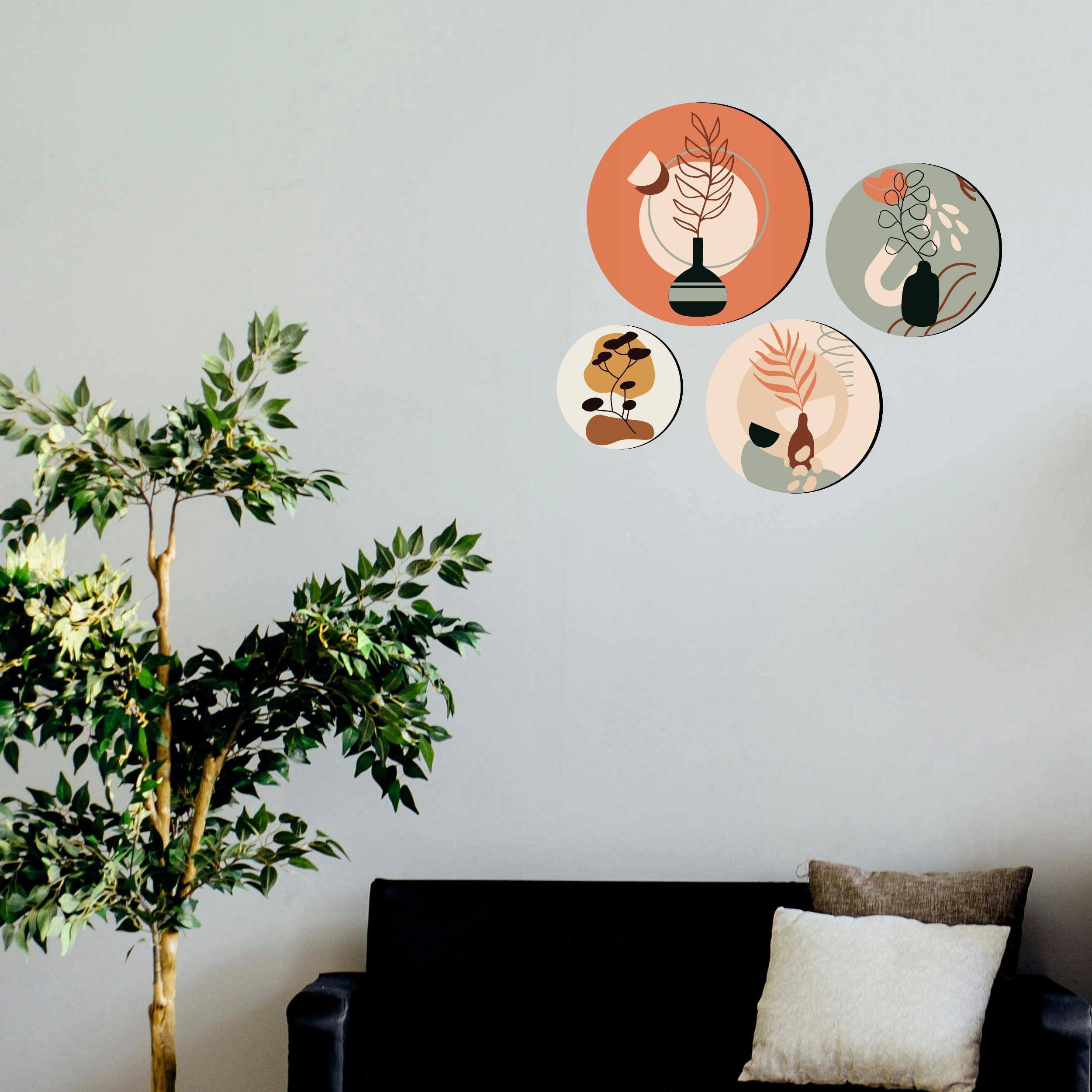 Giftplease Round Shape Elegant Wall Decoration Art - Handcrafted Traditional Wooden Decor Piece (Set Of 4 | Pattern-14)