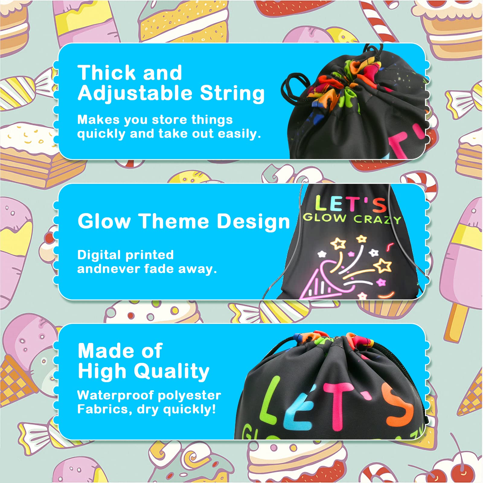 12 Pack Glow Party Supplies Favor Drawstring Bags for Kids' Birthday  Boys Girls Glow Neon Drawstring Backpack Bag as Loot and Goodie bags for Gifts  Treat  Candy  School  Travel or Theme Birthday Party Decorations