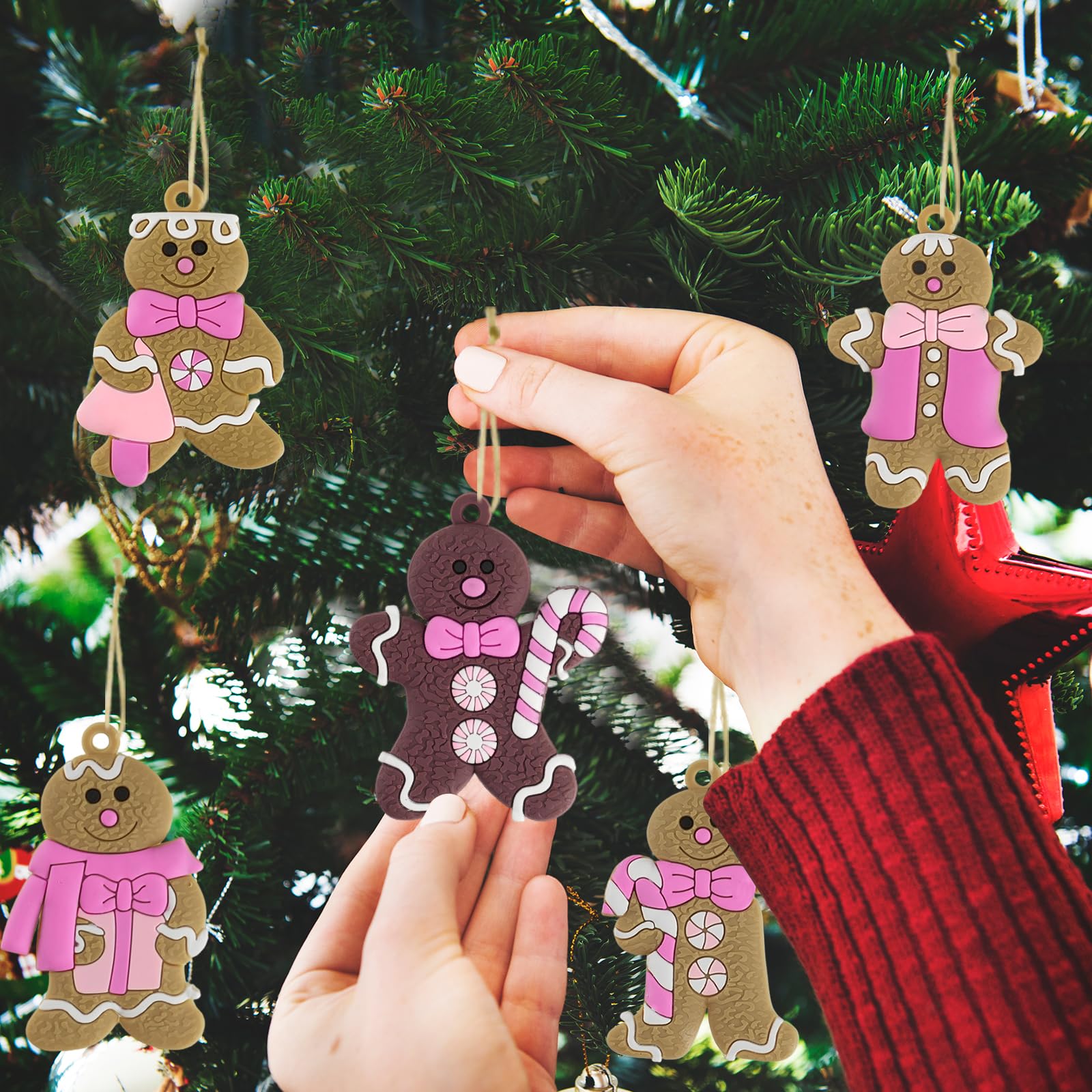 Kockuu Gingerbread Man Ornaments - 12pcs Pink Christmas Tree Decorations, Rubber Hanging Ornaments for Holiday Home Decor
