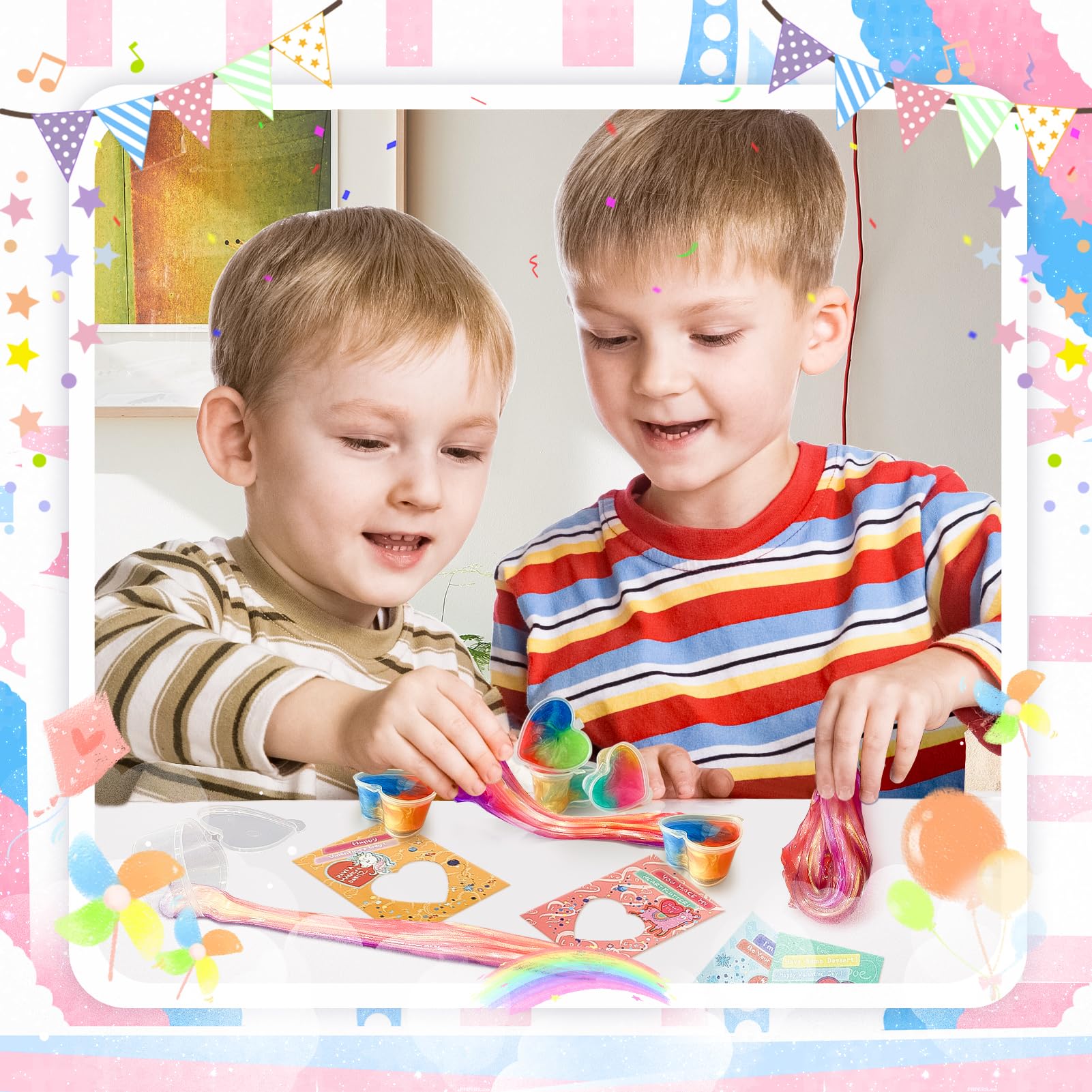 28 Pack Valentines Day Galaxy Slime Hearts With Valentines Cards For Kids Valentine Classroom Exchange Unicorn Cards, School Gam