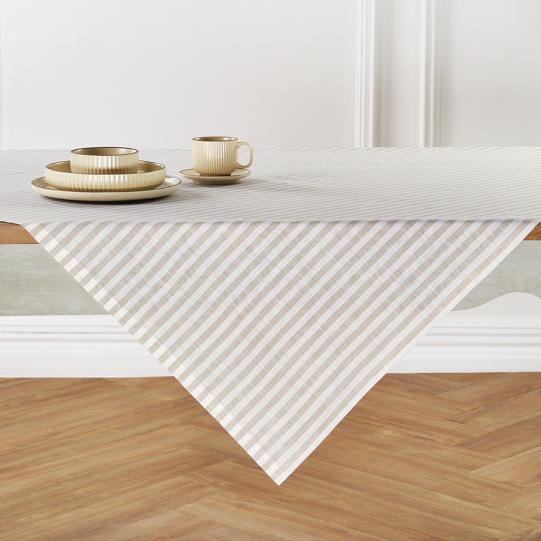 Solino Home Stripe Linen Tablecloth - 100% Pure Linen Natural and White Table Throw 52 x 52 Inch for Spring, Easter - Handcrafte