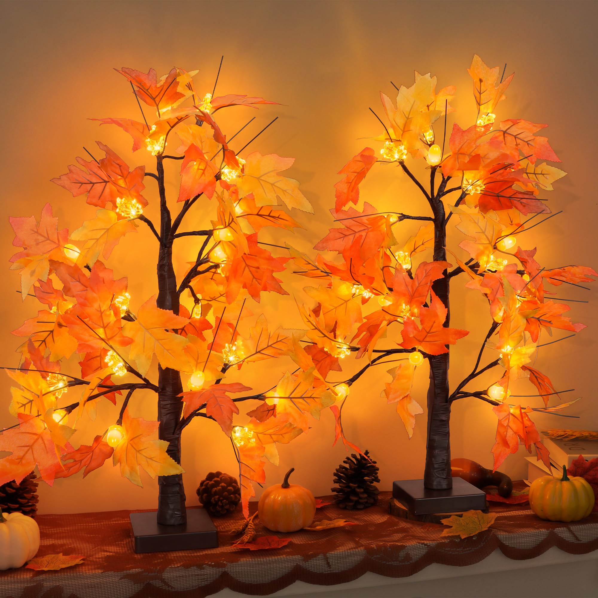 2 Pack 24 Inch Artificial Lighted Maple Tree with 48 LEDs Timer Fall Thanksgiving Decorations Battery Operated Prelit Acorn Mapl