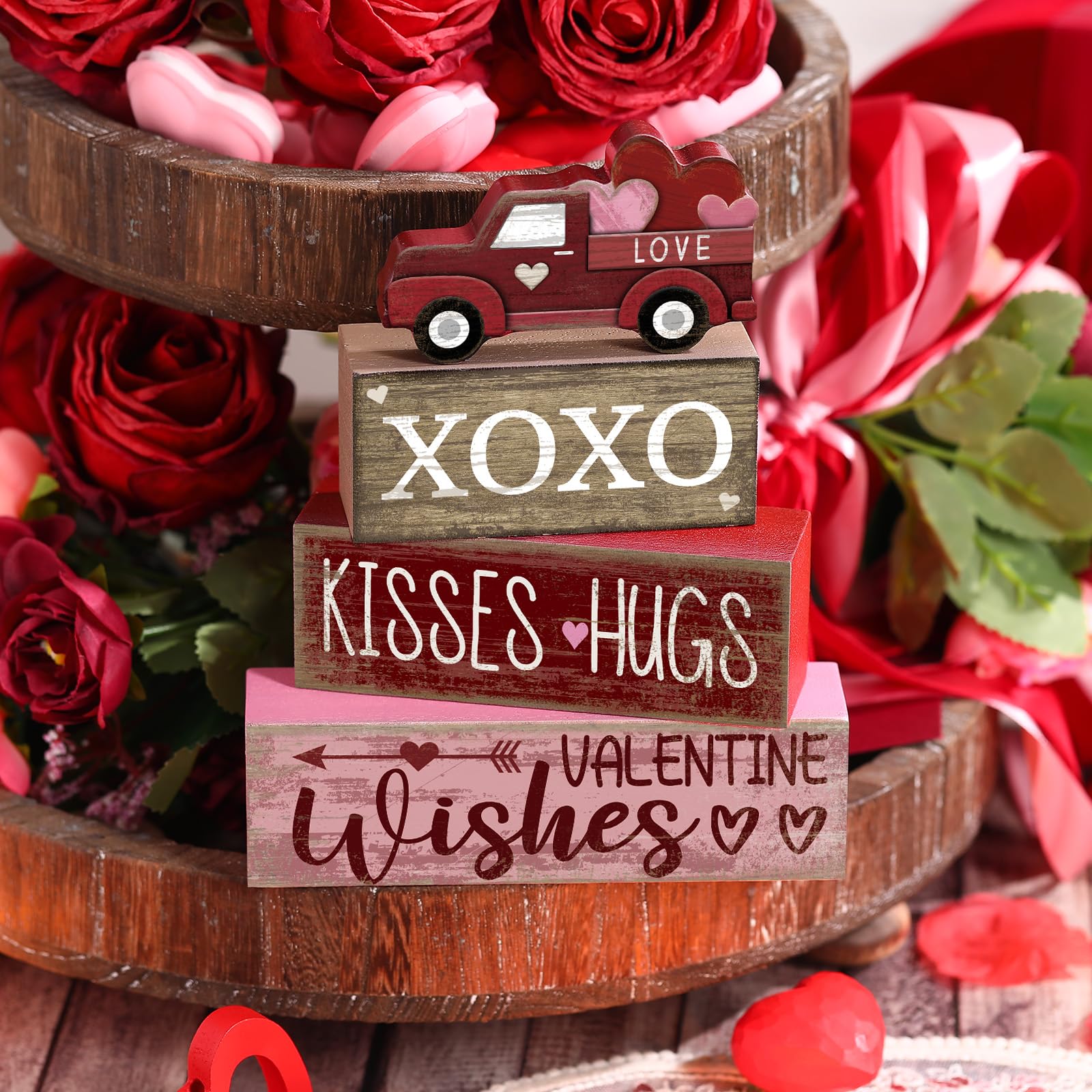 Lineshading 4 Pcs Valentine s Day Table Decoration Wooden Heart Truck Decor Valentine Tiered Tray Decor Valentine s Day Centerpi