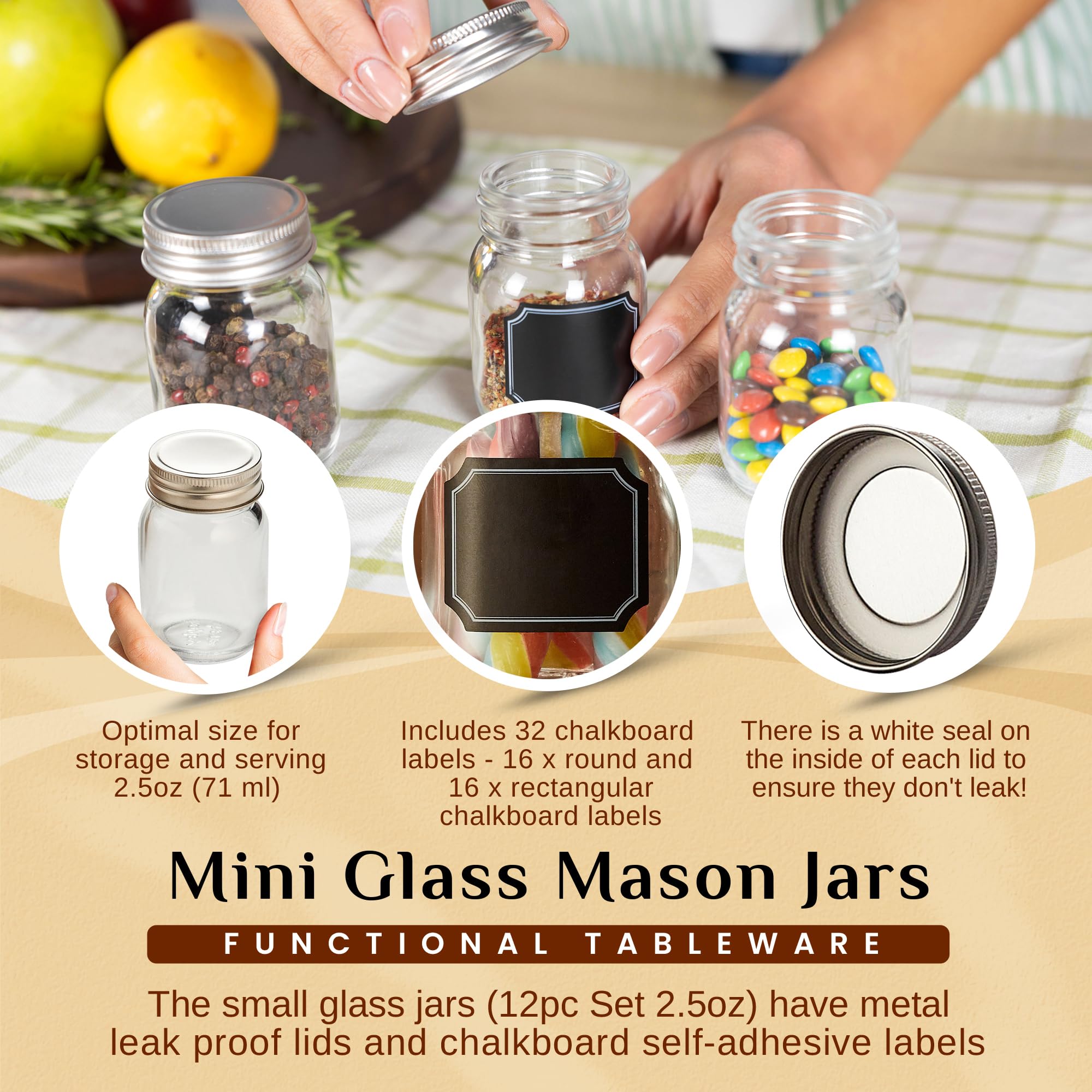 2.5Oz Small Mason Jars With Lids & Chalkboard Labels (12 Pack) Airtight Mini Mason Jars For Party Favors, Spices, Jam, Condiment