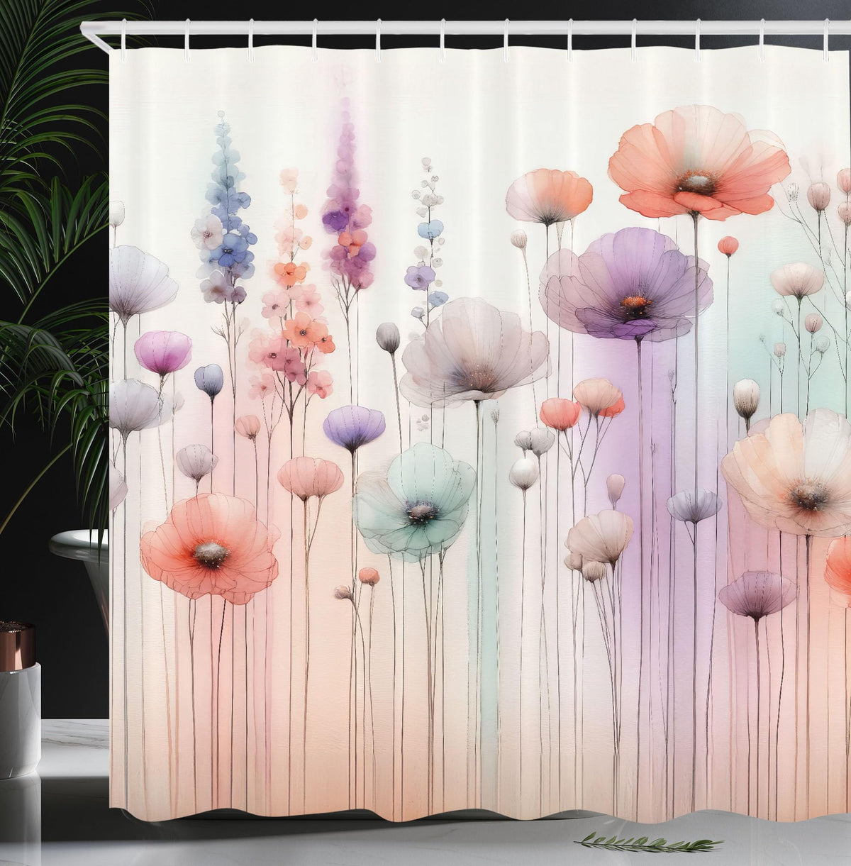 Ambesonne Floral Shower Curtain, Dreamy Silhouettes Of Fantasy Woods Gentle Poppy Flowers And Lavenders, Cloth Fabric Bathroom D