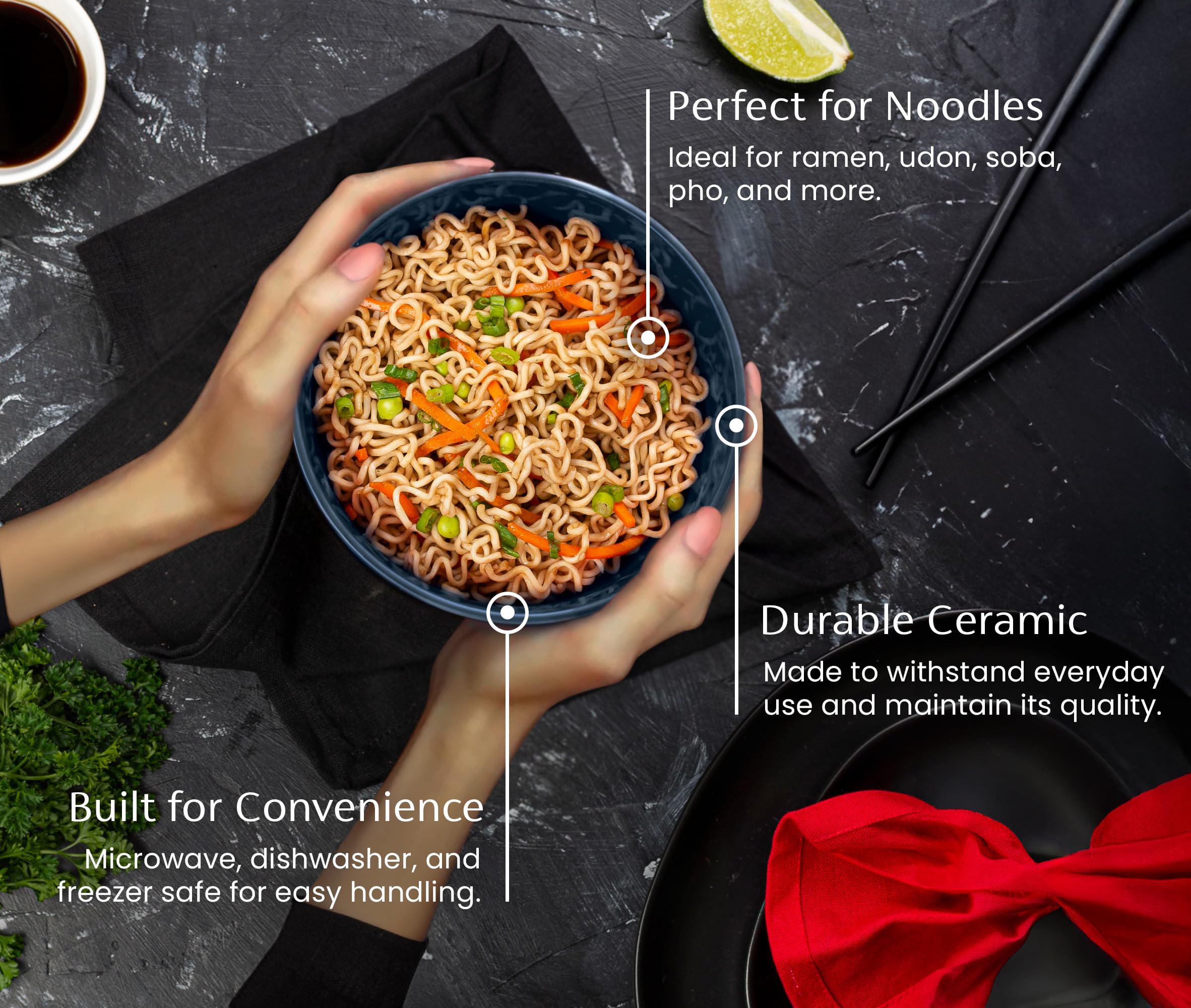 Kook Ceramic Japanese Noodle Bowl Set, Large Capacity, For Ramen, Udon, Soba, Pho And Soup, Microwave And Dishwasher Safe, 34 Oz