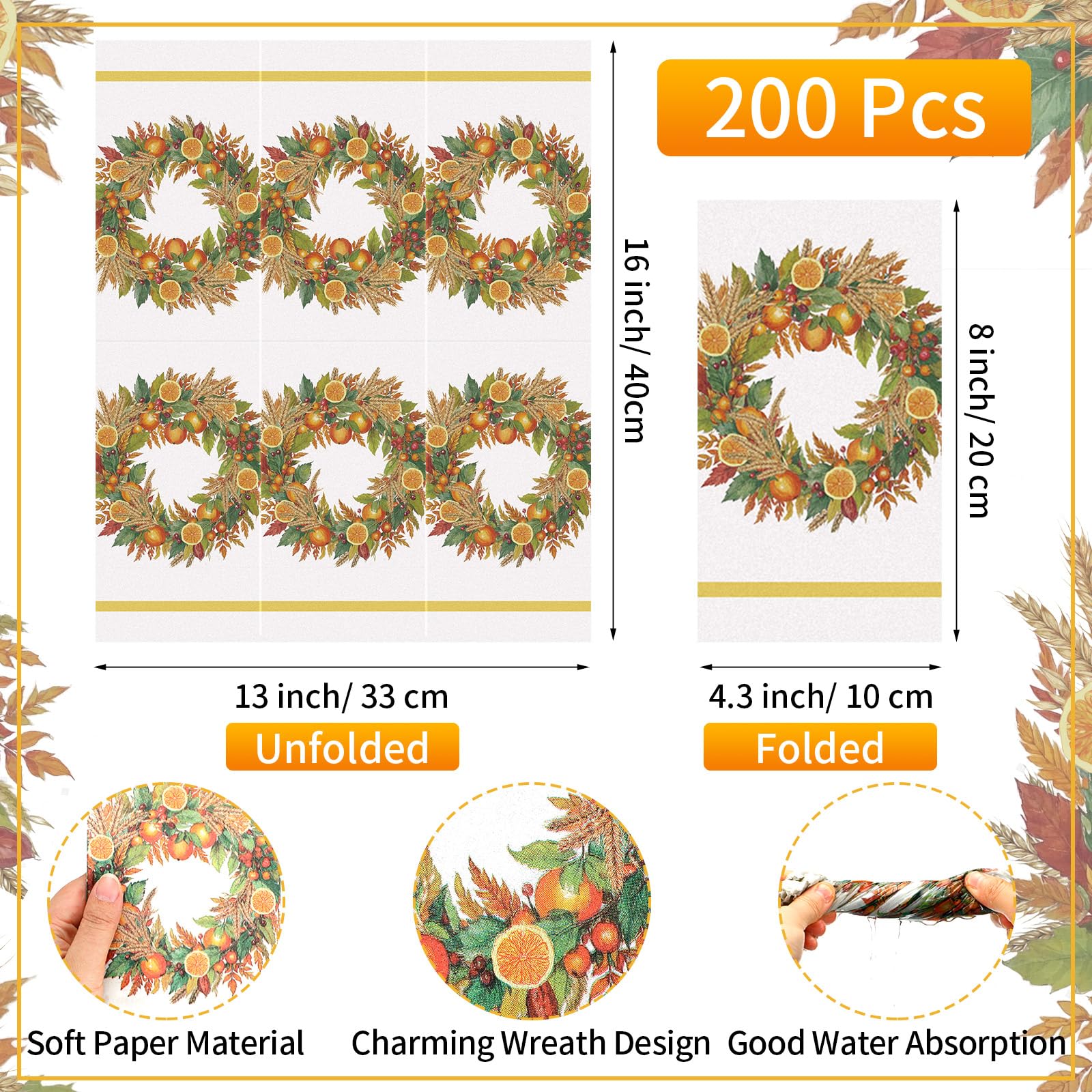 Epakh 200 Pcs Bulk Thanksgiving Wreath Guest Napkins 2 Ply Autumn Fall Harvest Disposable Paper Napkins Orange Fruit Leaf Dinner