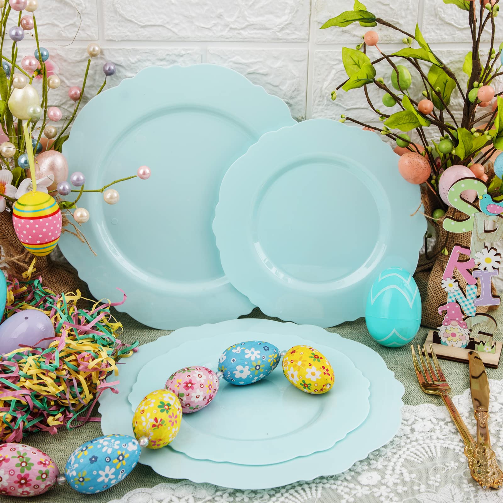 WDF 60pcs Mint Green Plastic Plates - Baroque Green Plates Disposable Including 30 Green Dinner Plates 10.25inch  30 Dessert Plates 7.5inch for Upscale Wedding &Parties