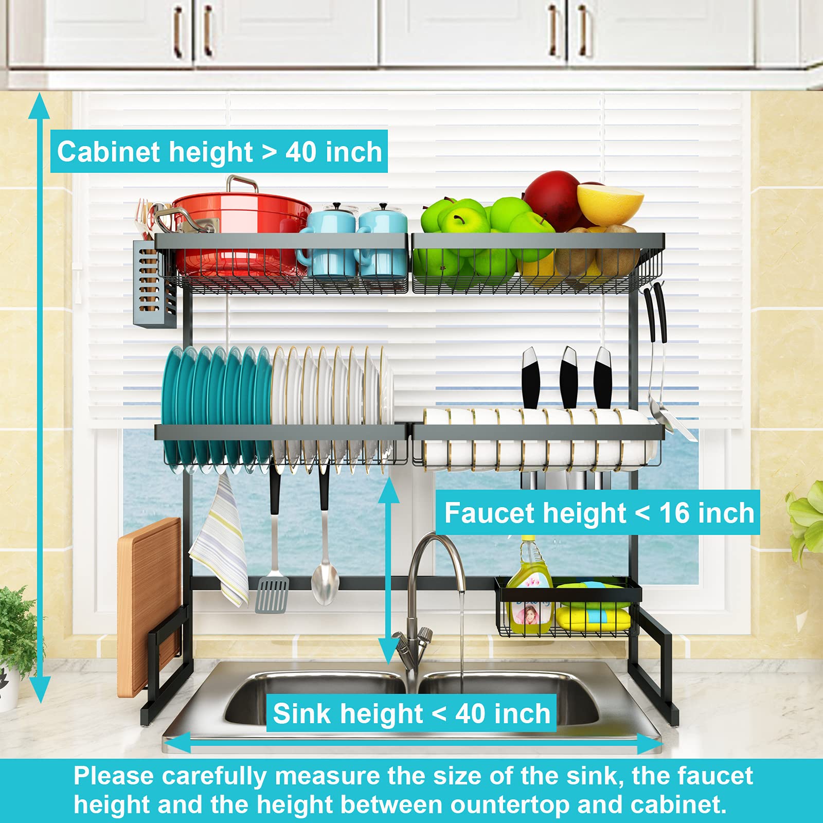 Supfirm Over The Sink Dish Drying Rack, 3 Tier Stainless Steel Adjustable (33''-40'') Large Kitchen Dish Drainers For Home Count