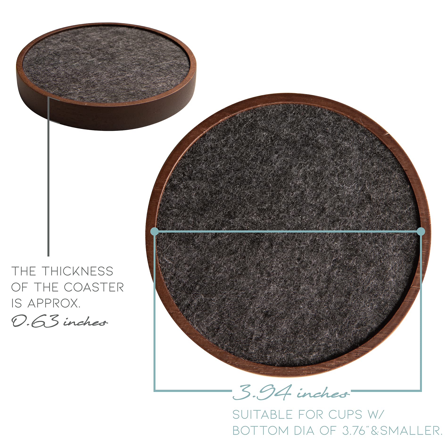 Wood Coaster For Drinks, 4.3 Inch, Set Of 6, Absorbent And Insulation Felt Stackable Cup Holders, Coasters For Wooden Table, Des
