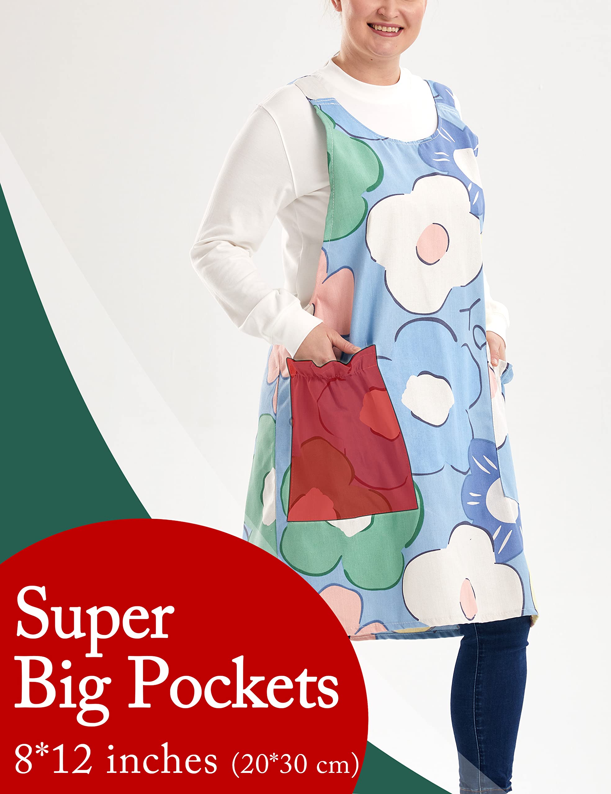 Apronner Big Plus Size Aprons For Women With Pockets Cotton Linen Baking Kitchen Cooking Poached Egg Flowers