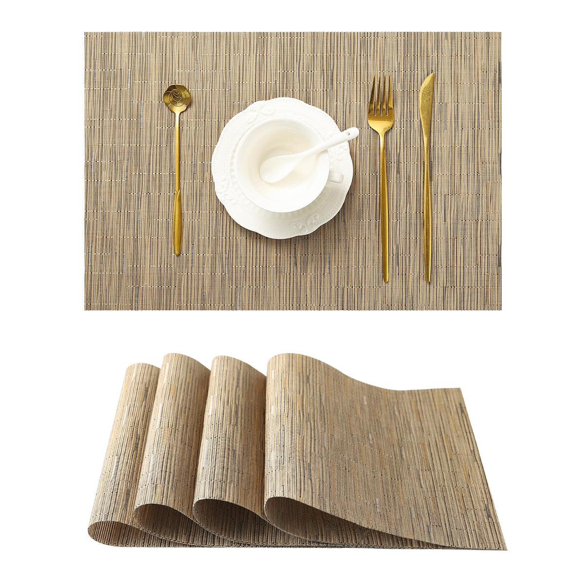 Leetaltree Light Brown Placemats Set Of 12 - Heat Resistant Non-Slip Place Mats For Dining Table, Washable Durable Pvc Vinyl Wov