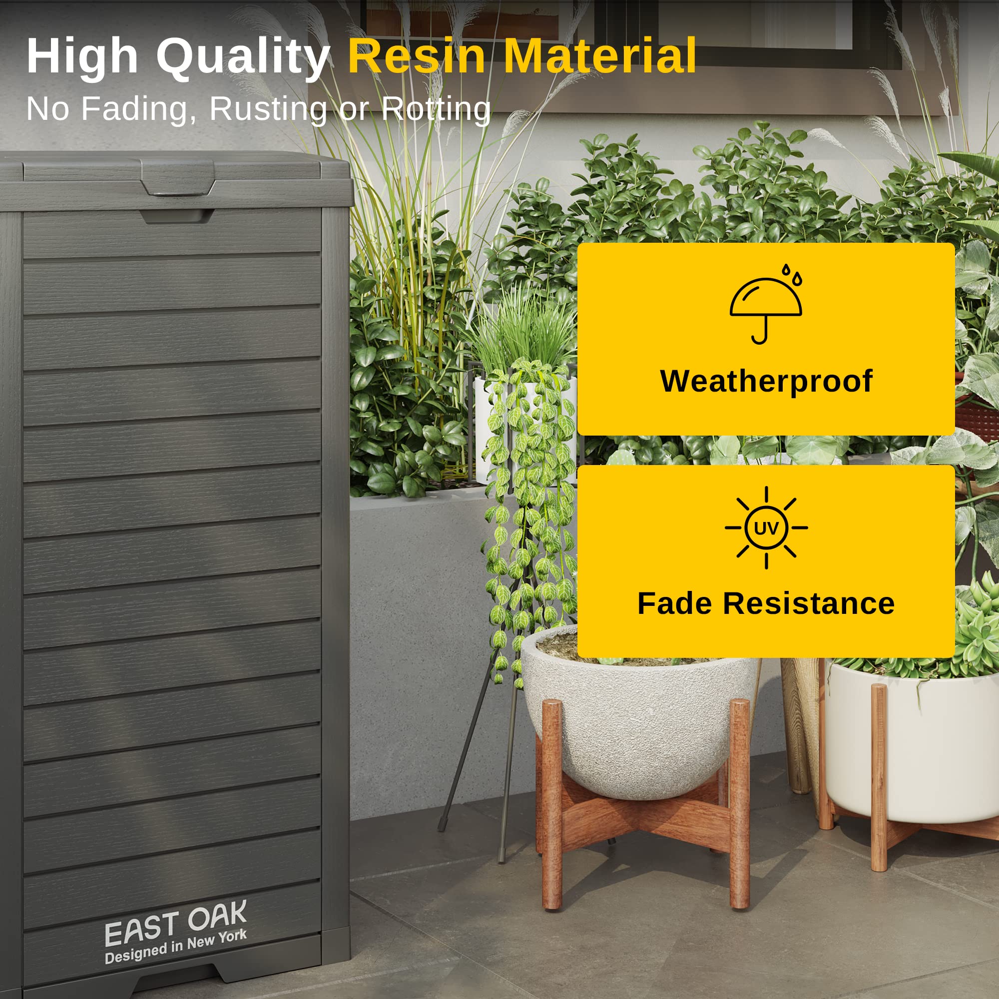 East Oak 38 Gallon Outdoor Trash Can, Waterproof Resin Garbage Can With Tiered Lid And Drip Tray, Outside Trash Bin For Patio, K