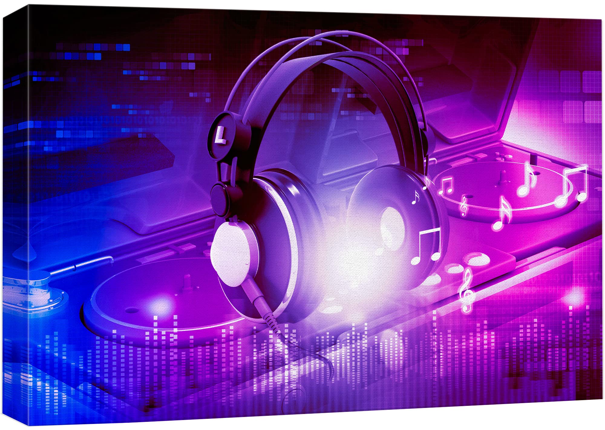 Wall26 Canvas Print Wall Art Neon Light Dj Turntable Headphones Music Instruments Photography Realism Decorative Concert Multico