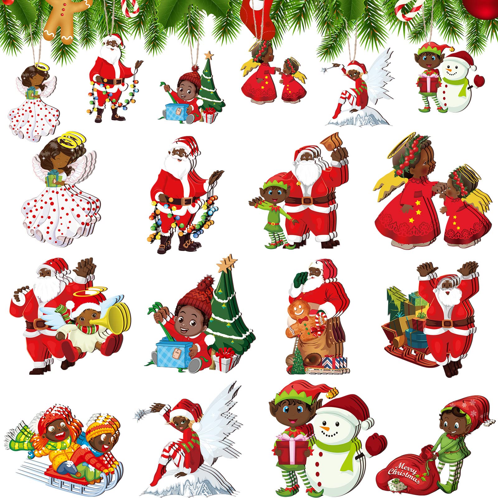 Woanger 36 Pcs African American Christmas Decorations 4 Inch Black Wood Santa Christmas Tree Ornaments Vintage Hanging Wooden Sa