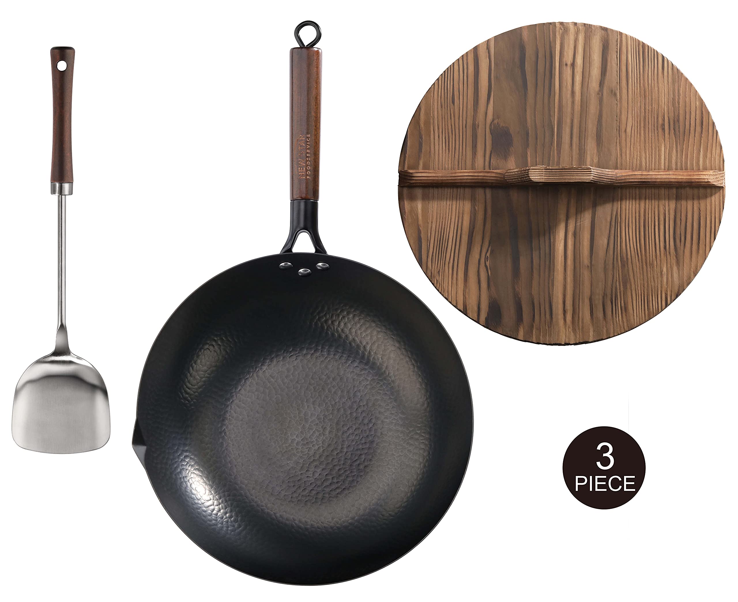 New Star Foodservice 1029154 Hand Hammered Cast-Iron Non-Stick Wok Carbon Steel, Includes 12.7'' Round Bottom Wok, Wooden Wok Li