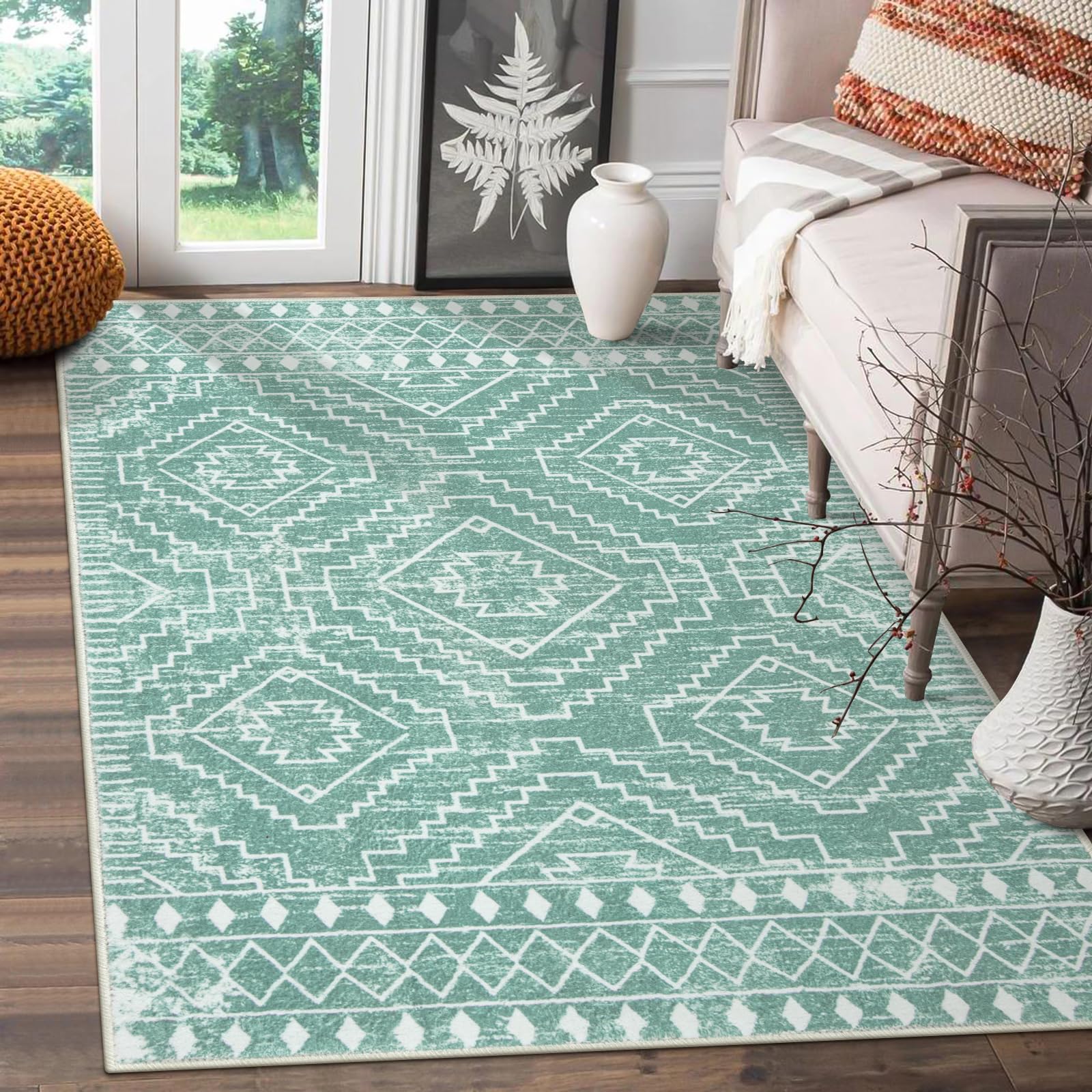 Wonnitar Moroccan 3x5 Area Rug, Sage Green Rug for Bedroom, Washable Farmhouse Kitchen Rug Non-Slip Living Room Throw Mat, Soft 