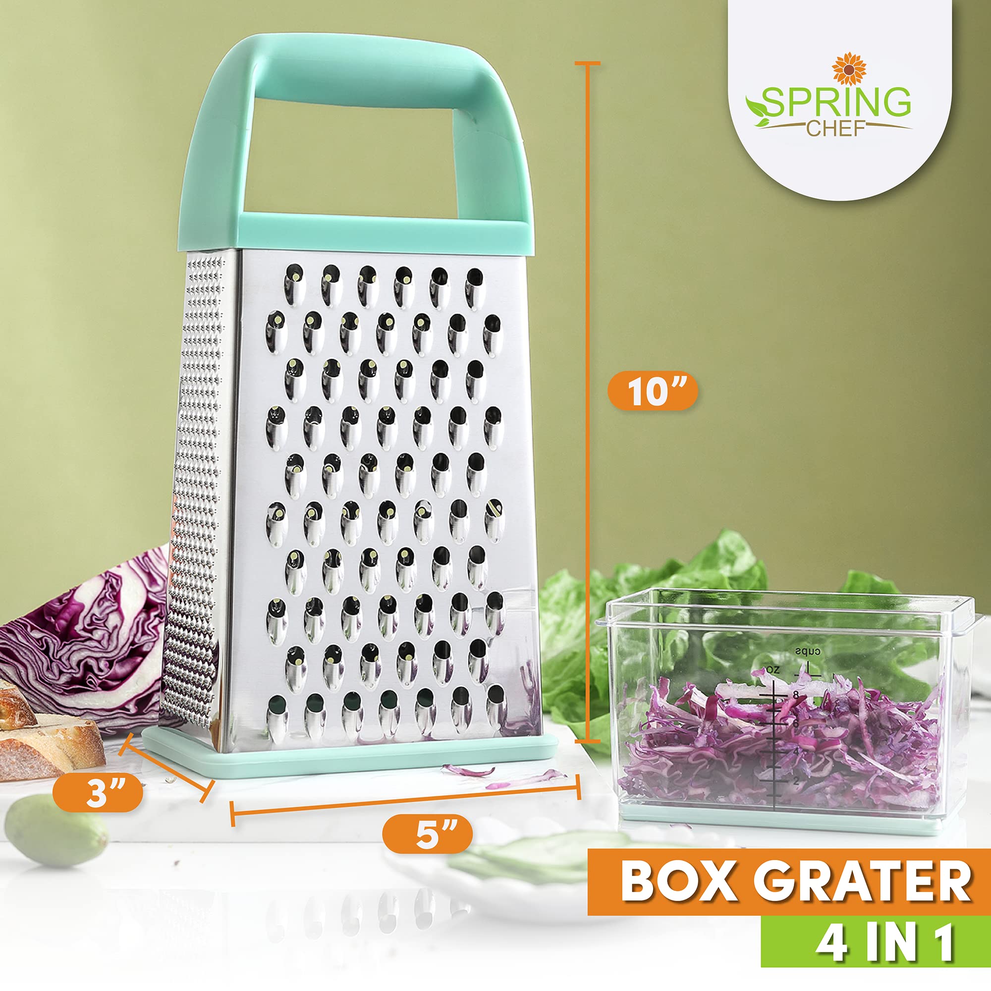 Spring Chef Box Grater - Stainless Steel, 4-Sided, Mint, 10" with Storage Container, Model A1