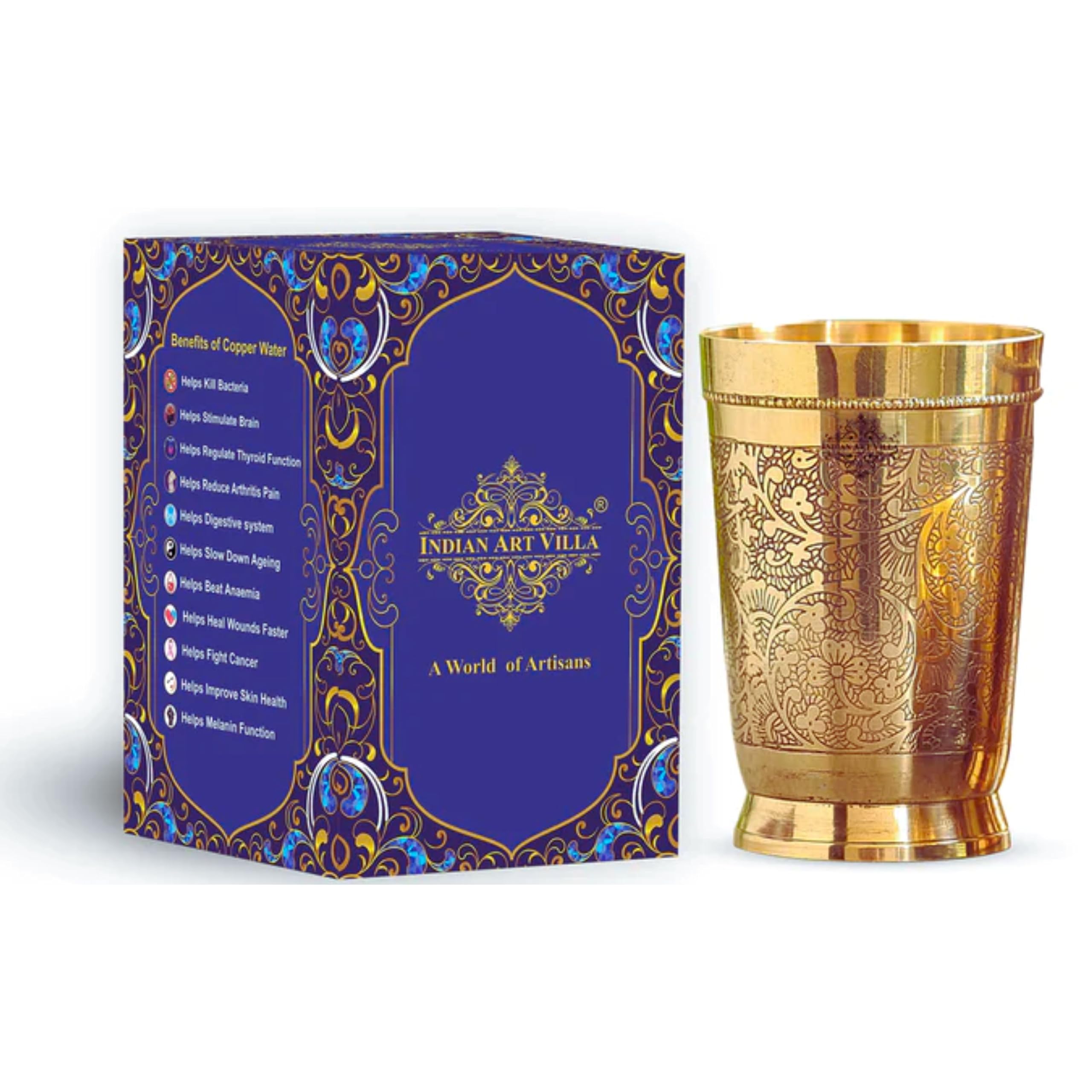 Indian Art Villa Pure Brass Glass Tumbler With Embossed Design, For Drinking Serving Water, Yoga & Ayurveda, Volume270 Ml, 1 Pi