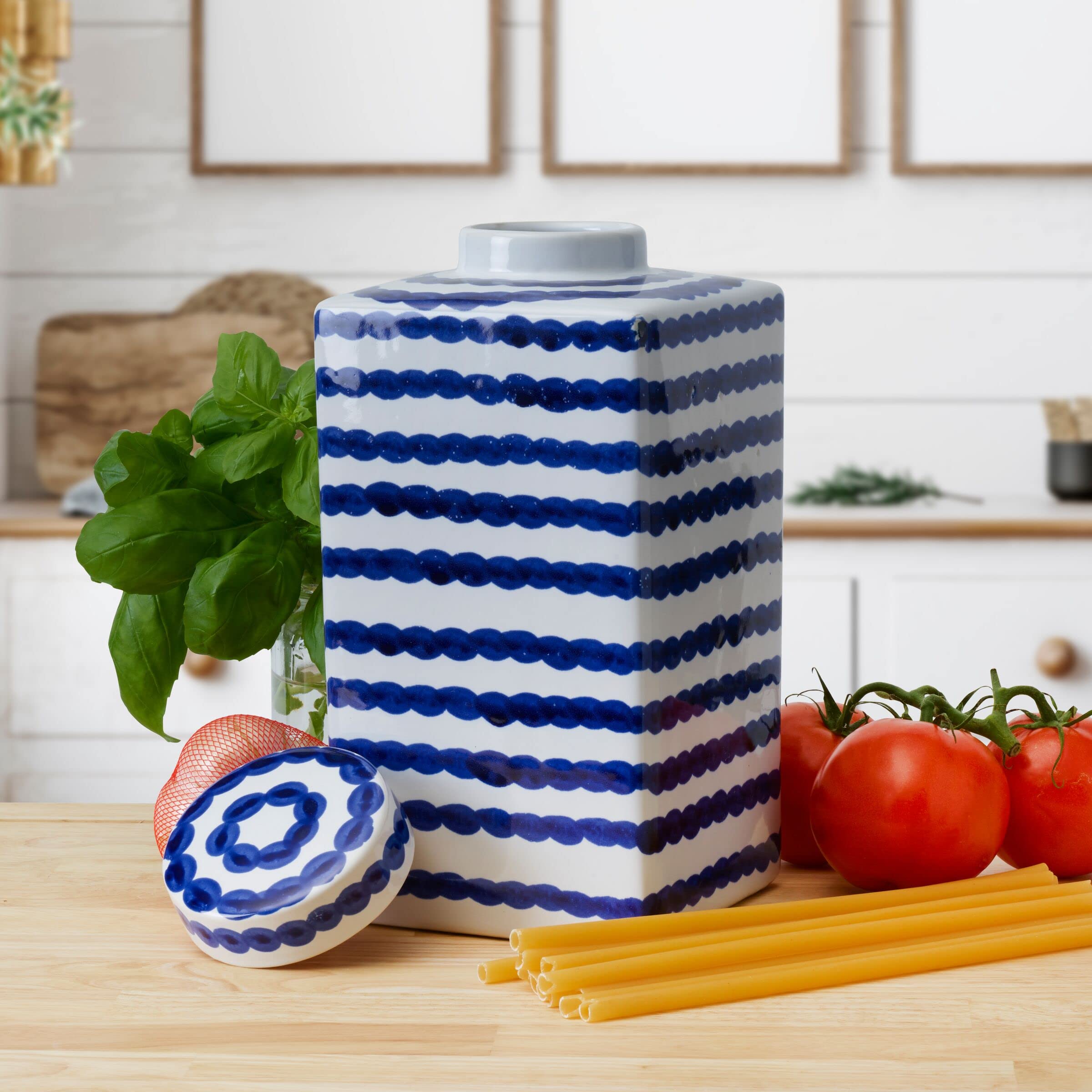Mikasa Blue and White Paint Stroke Square Ceramic Ginger Jar, Store Small Household Items or Display Faux Florals