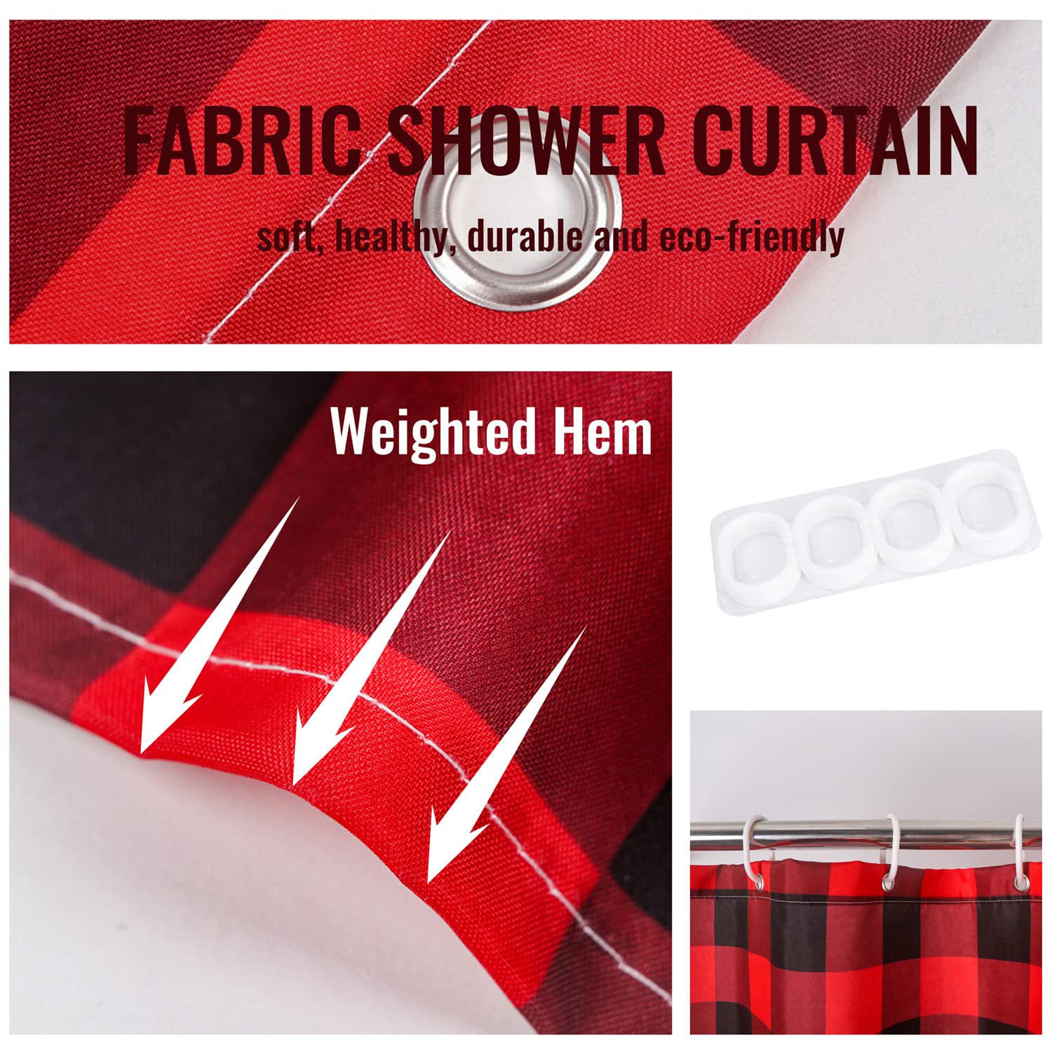 Moslovstar Buffalo Checker Fabric Shower Curtain Christmas Waterproof Bath Curtain Set With 12 Hooks Winter Holiday Party Decor,