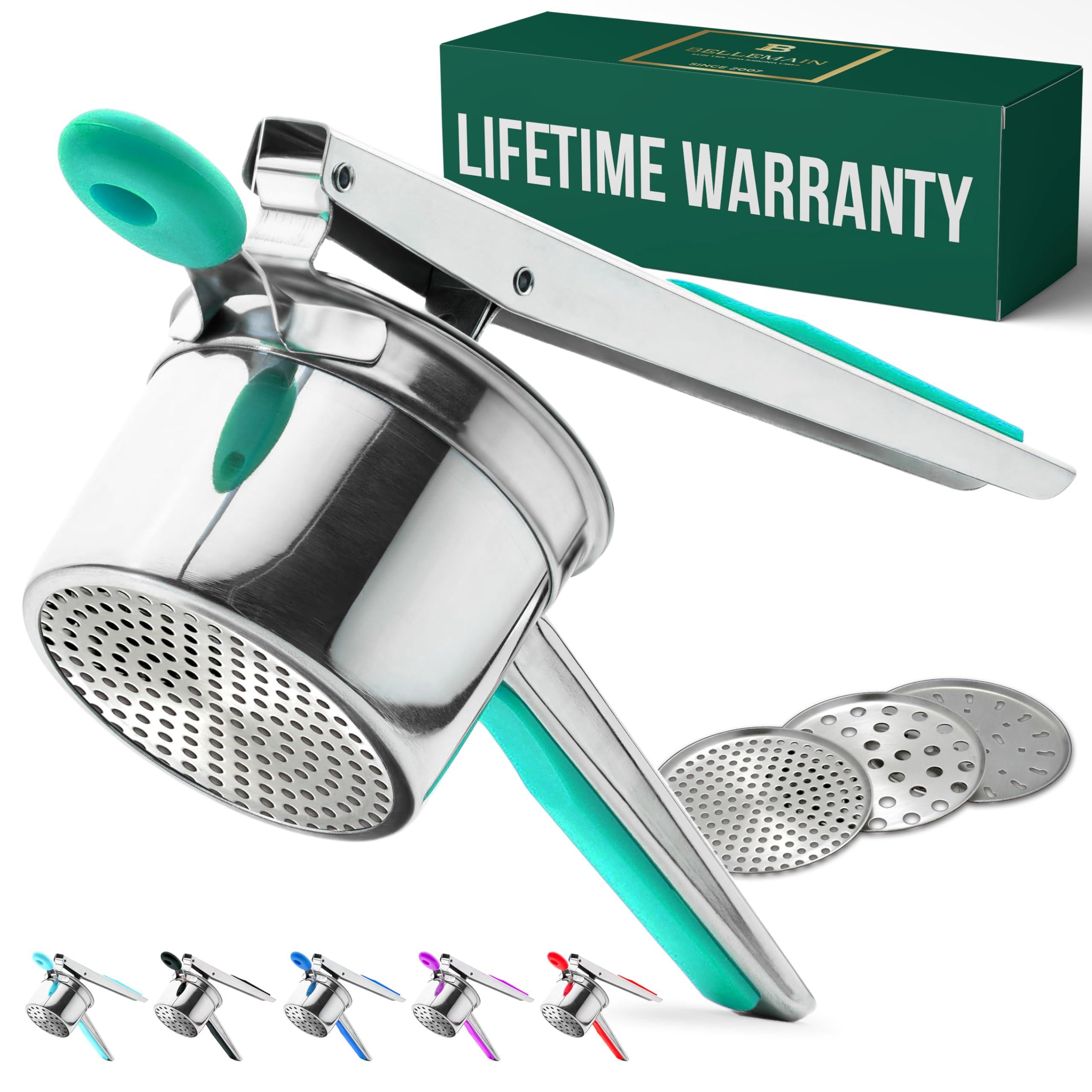 Bellemain Heavy-Duty Stainless Steel Potato Ricer & Masher | 15 oz | Perfect for Mashed Potatoes | Kitchen Tool with 3 Interchan