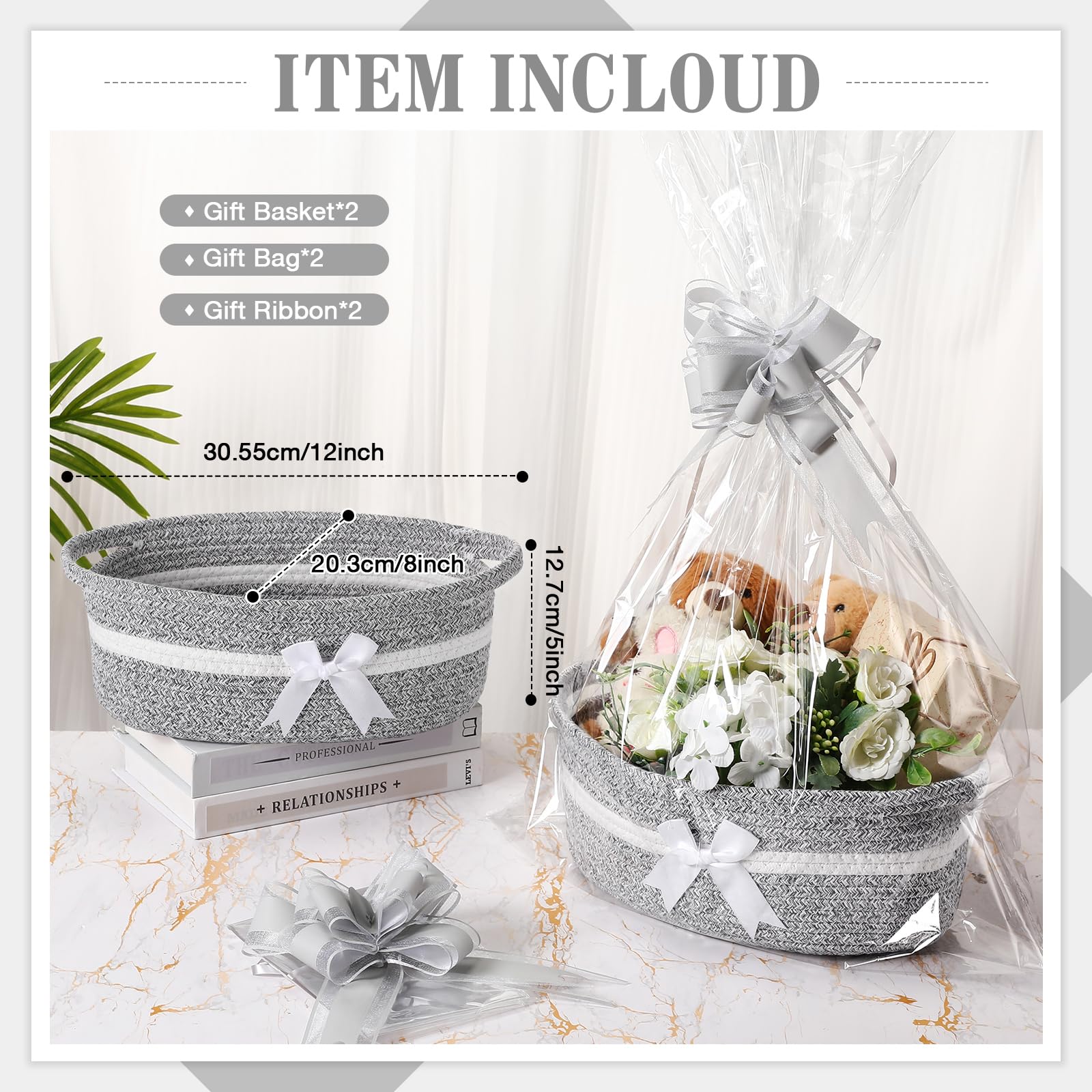 Colingmill 2 Pack Christmas Woven Gift Basket Empty with Ribbon Bow, 12x 8x 5 Christmas Chest Box with Gift Bags Candy Bas