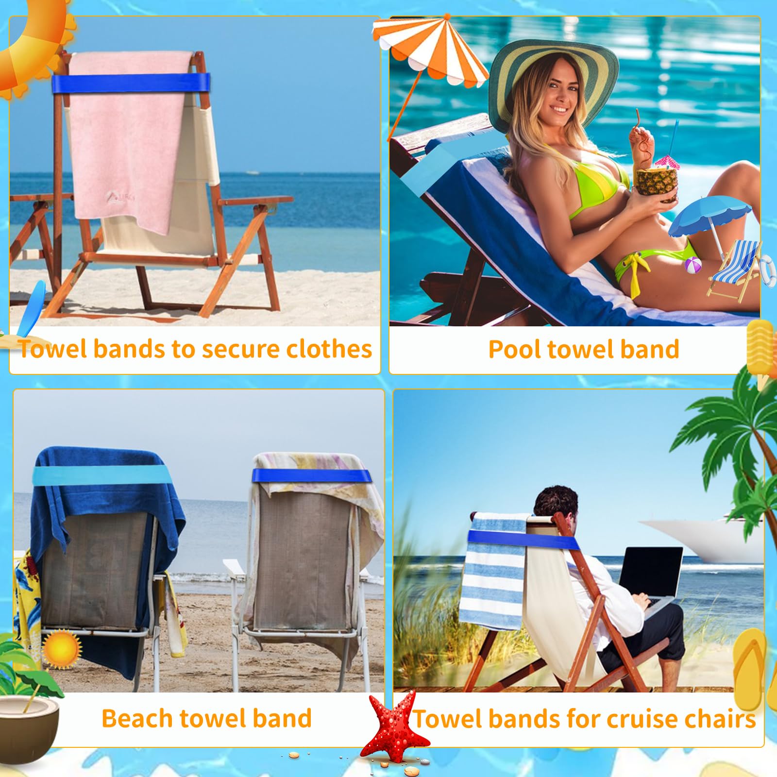 8 Pack Beach Towel Bands Stretchable For Cruise Chairs, Beach Band For Pool, 2025 Must Haves Cruise Accessories, Perfect Alterna