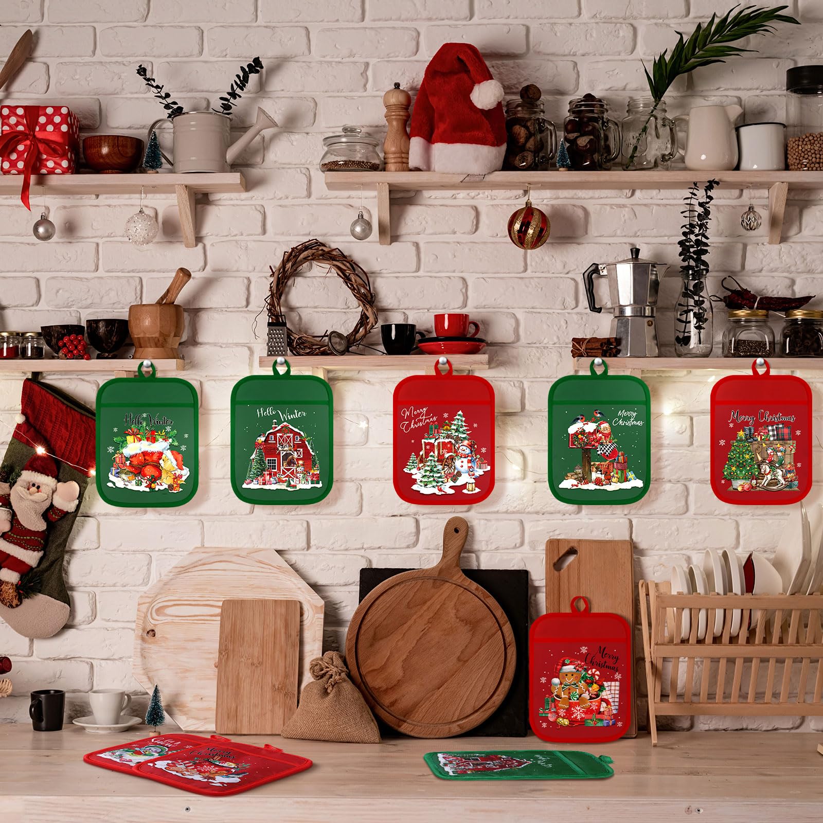 Jingmore 12 Pcs Christmas Pot Holders with Pocket Red Green Pot Holders for Kitchen Santa Claus Snowman Hot Pads and Oven Mitts