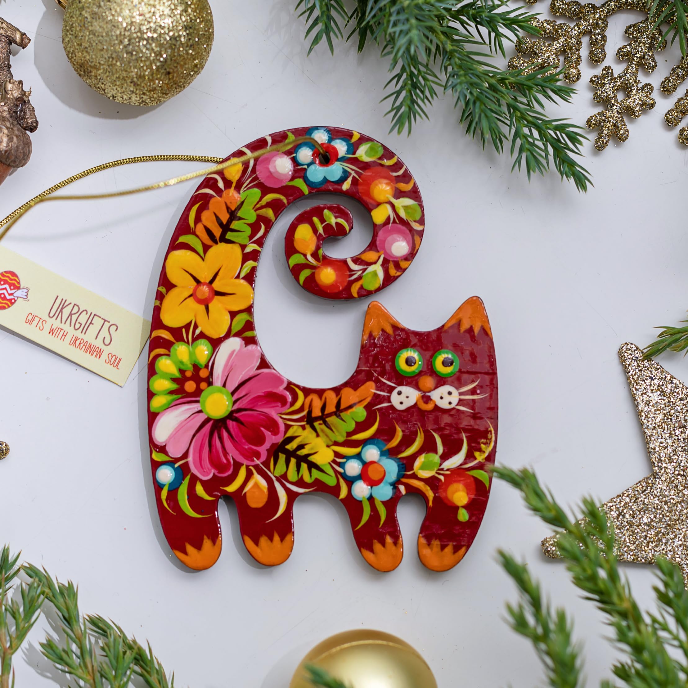 Hand painted wooden Cat Christmas Ornament 3,3 ? 2,8 ? 0,2 Inch | 7 ? 8,5 ? 0,5 cm Cats lover tree Christmas Decorations traditi