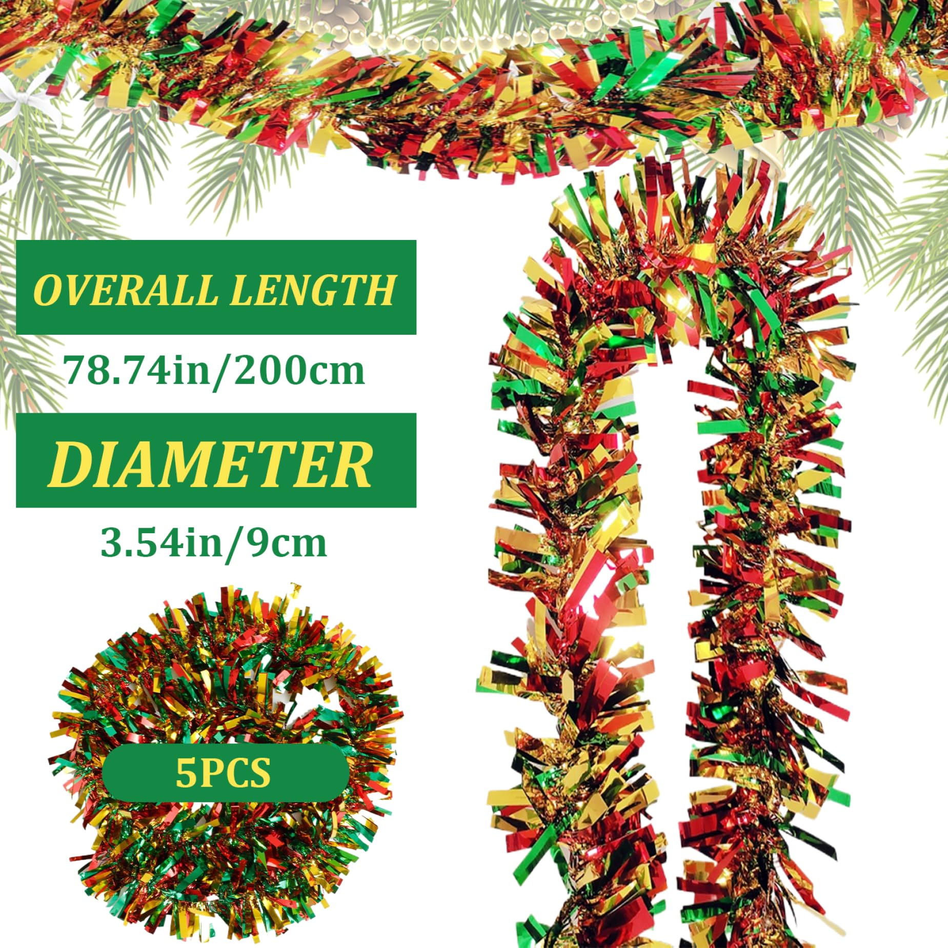 Yeory 5Pcs Tinsel Garland Juneteenth Decorations 79'' Long Metallic Twist Red Green Golden Garland Hanging Juneteenth Garland fo