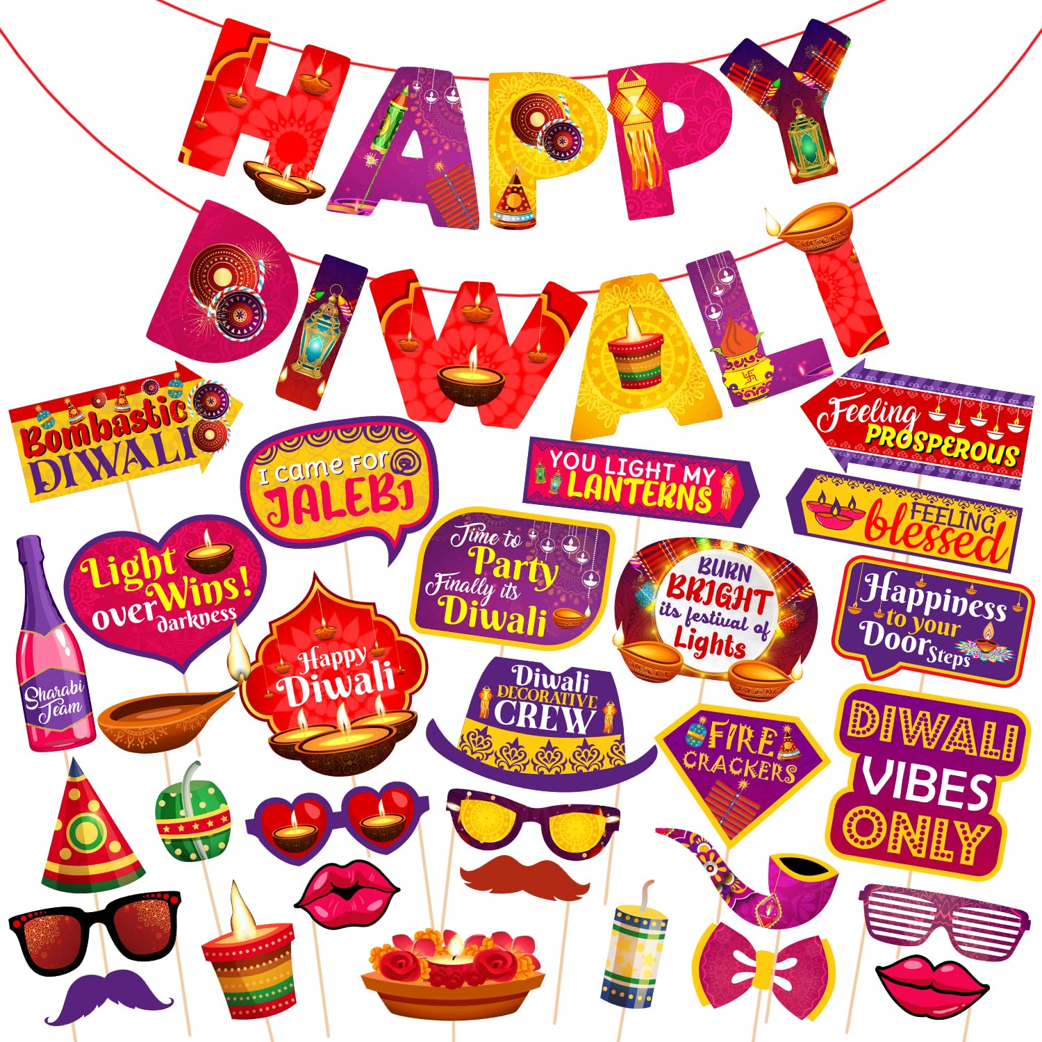 Zyozique 31 Pieces Happy Diwali Party Photo Booth Props and Paper Banner Kit Festival of Ligts Prop for Photoshoot Diwali Pictur