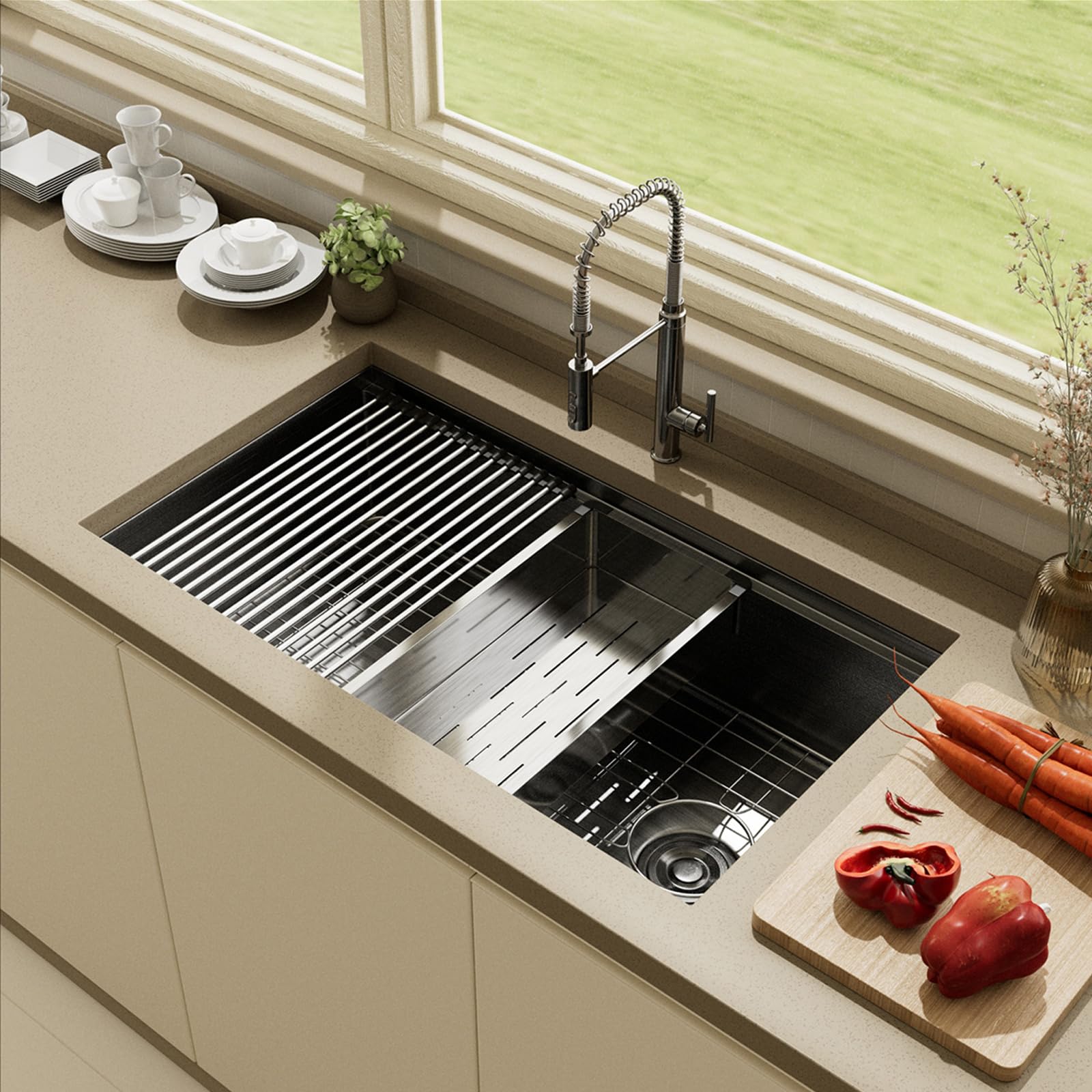 Muiceon 32-Inch Undermount Kitchen Sinks,Black Stainless Steel Single Bowl KitchenSink,32x19x9 Inch Deep Sink,16 Gauge Workstati