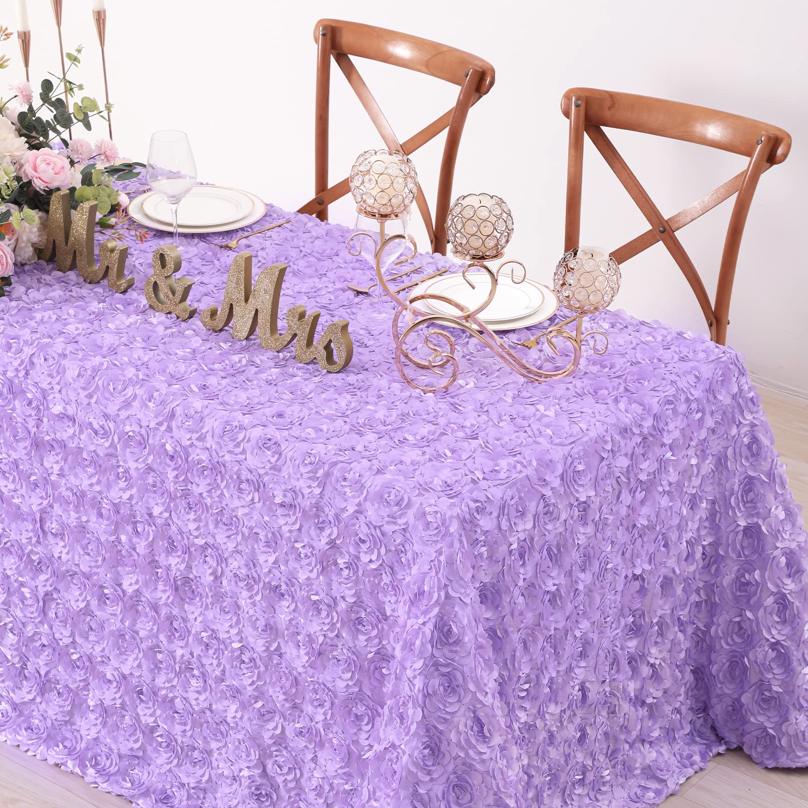 Lavender Rosette Tablecloth 50X80 Inches Rosette Satin Tablecloth 3D Rosette Table Line Rectangle Table Cover Wedding Banquet Pa