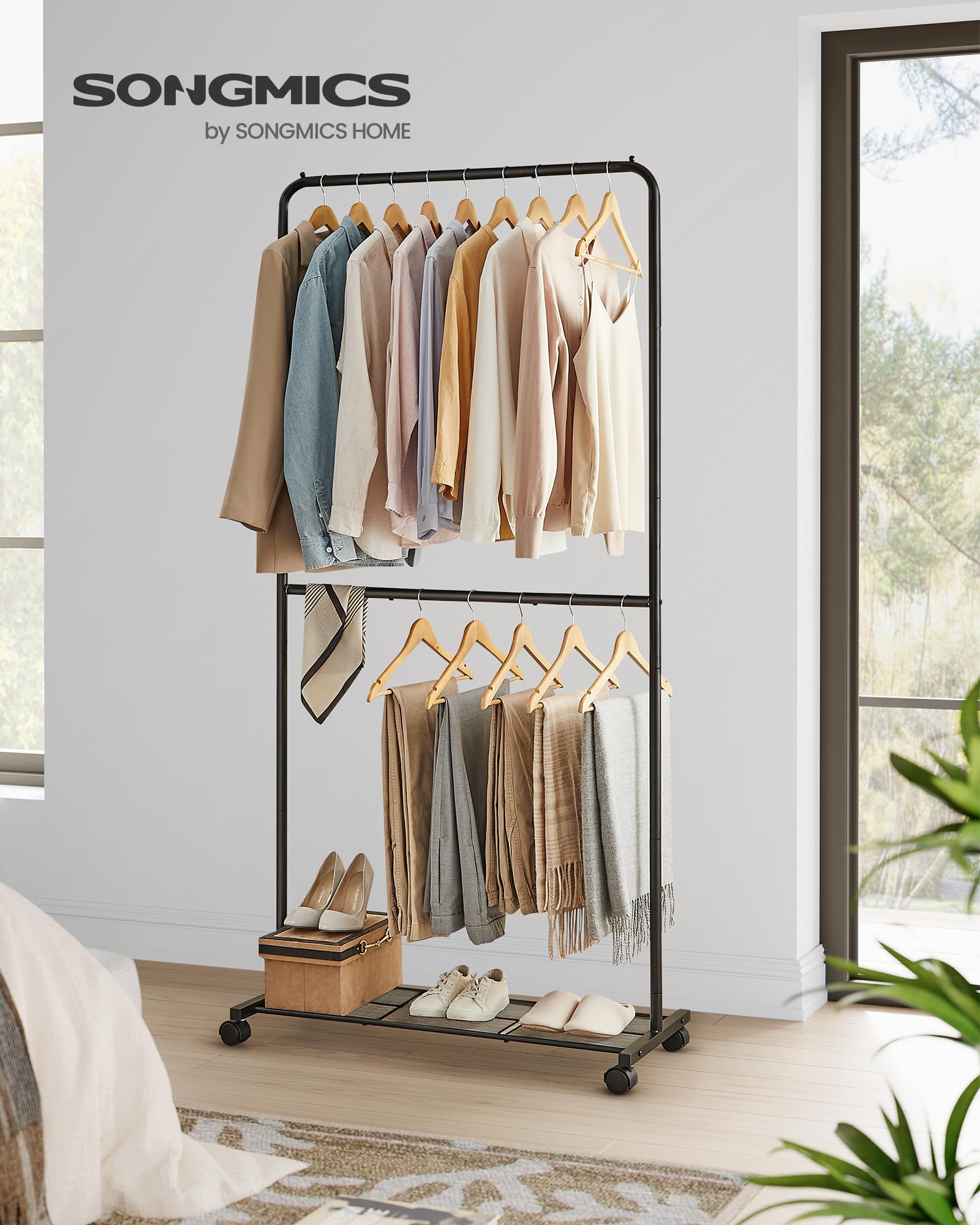 Songmics Clothes Rack With Wheels, Double-Rod Clothing Rack For Hanging Clothes, 25.4Mm Metal Garment Rack With Dense Mesh Stora