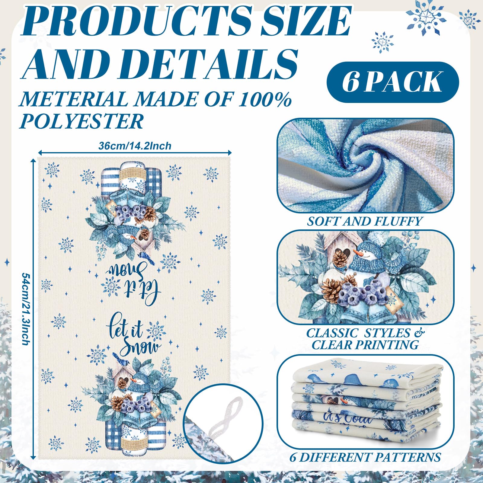 Breling Set of 6 Christmas Kitchen Towel Hello Winter Dish Towel Let It Snow Bathroom Decorative Snowflake Snowman Dishcloth for