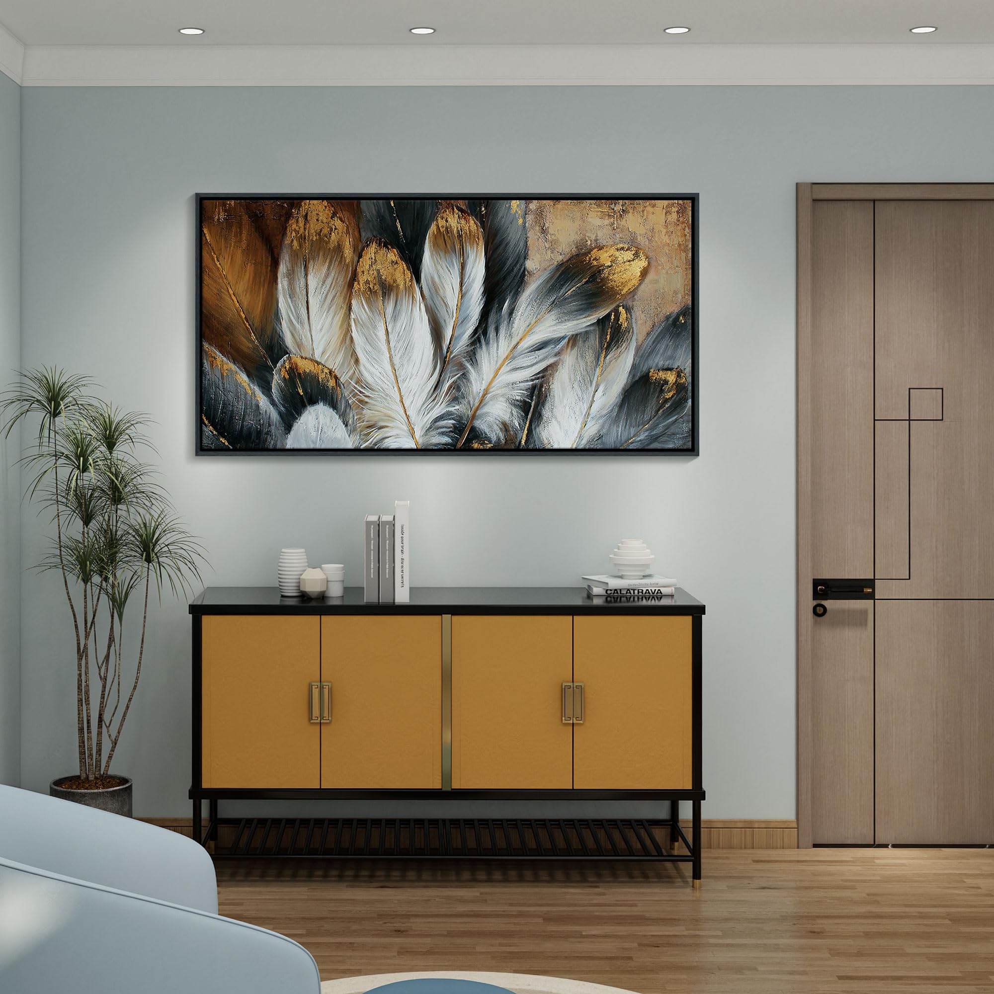 Framed Feather Canvas Wall Art Modern Living Room Bedroom Wall Decoration Large Canvas Painting Artwork For Home Decor White Gol