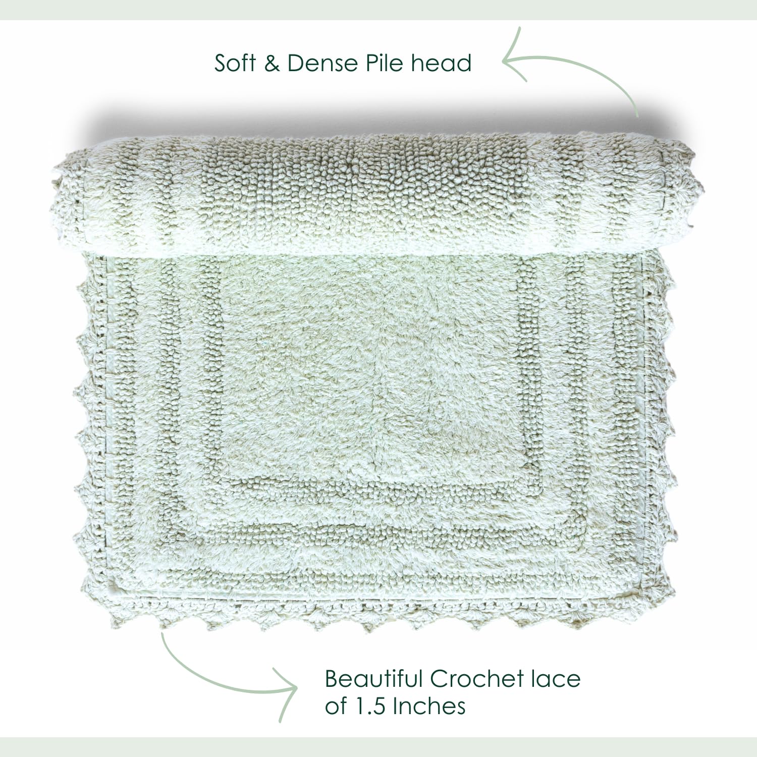 RAJRANG BRINGING RAJASTHAN TO YOU Bath Rug for Bathroom Kitchen Spa with Crochet Cotton Absorbent Soft Reversible Woven Bath Mat Meadow Mist Rectangle 34x21 Inches