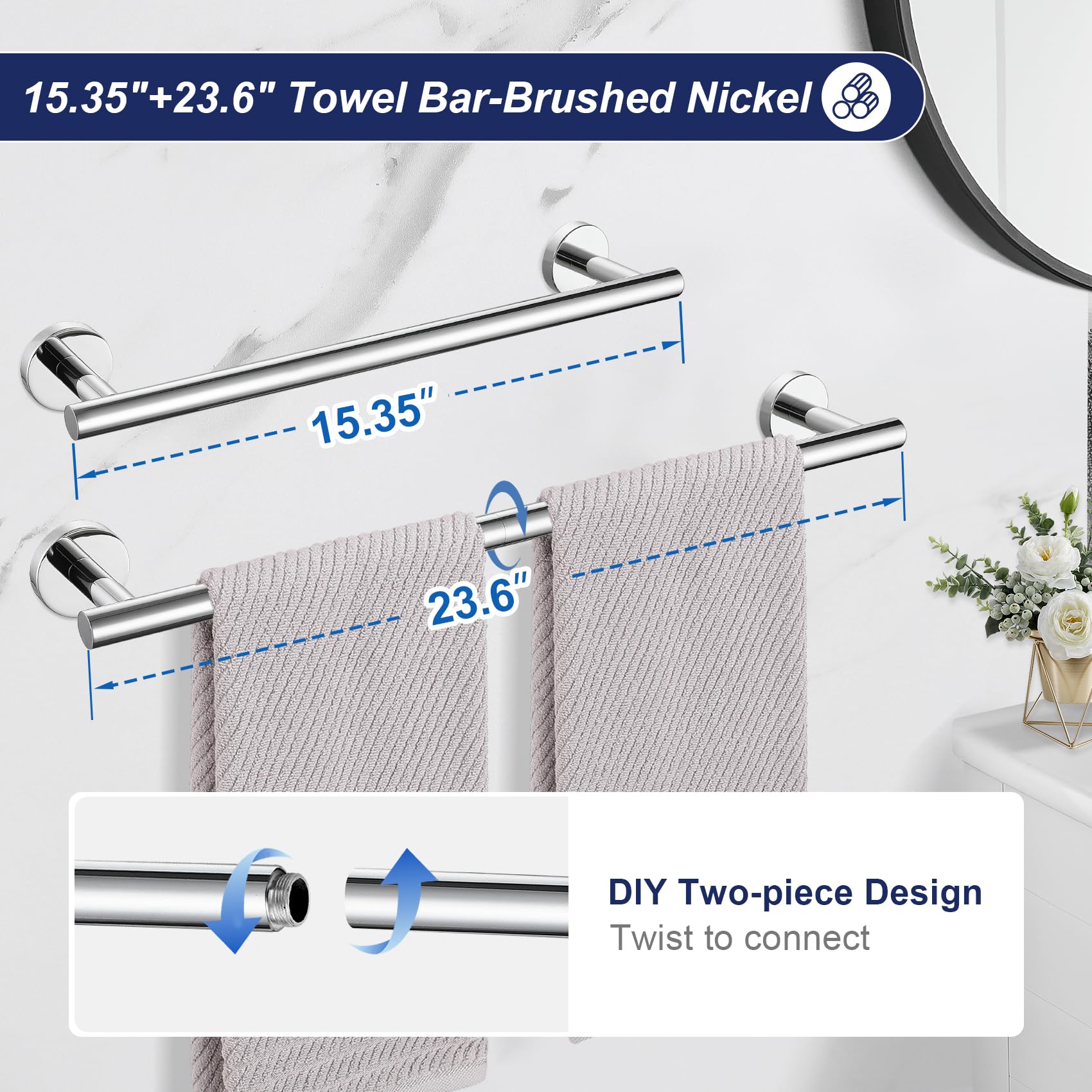5 Pieces Bathroom Hardware Set, 23.6-Inch+15.35-Inch Bathroom Towel Bar Sus304 Stainless Steel Bathroom Towel Bar Set Polished C