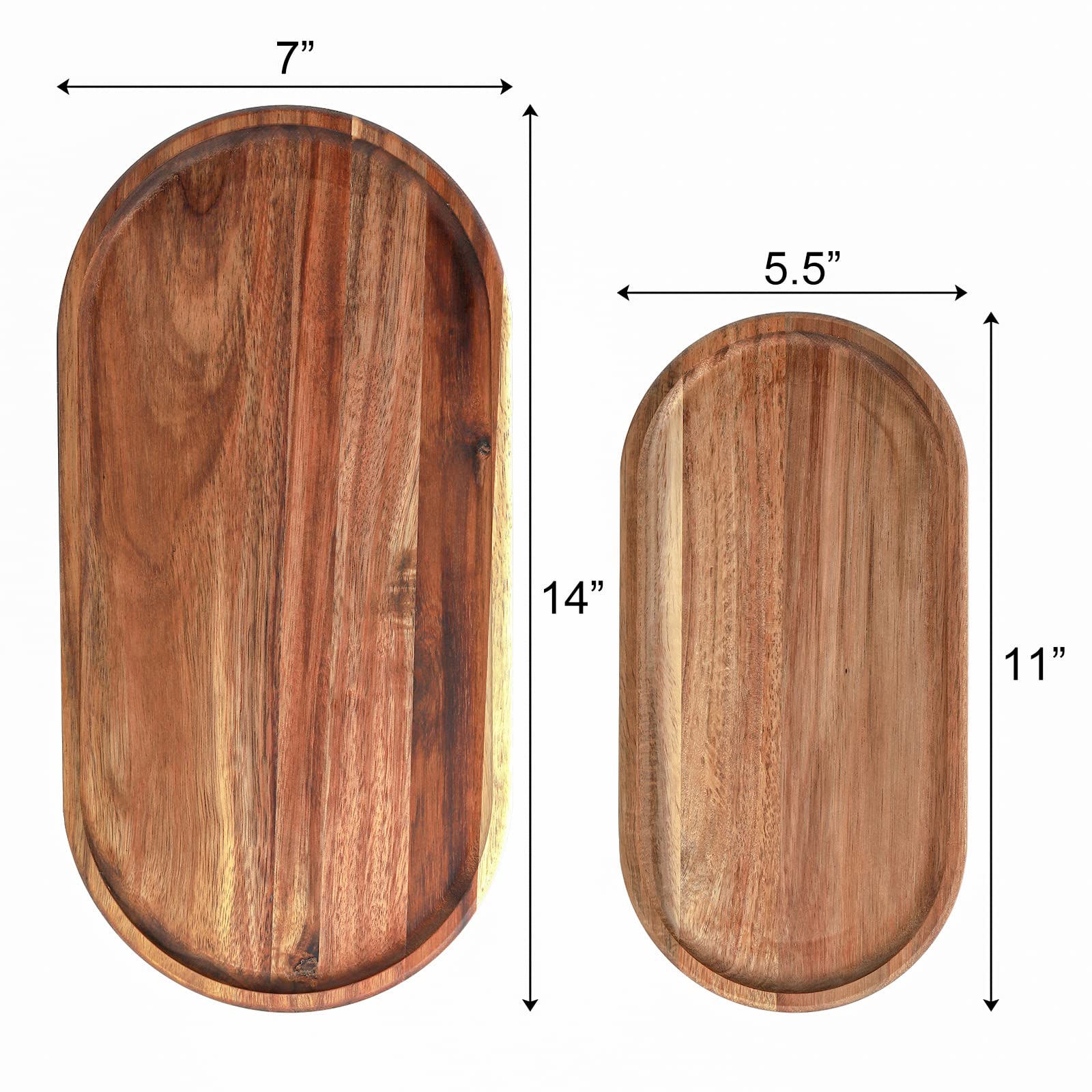 Elsjoy Set Of 2 Acacia Wooden Serving Trays, Natural Wood Serving Platters Set With Lip, Oval Charcuterie Plates Board Rustic Lo