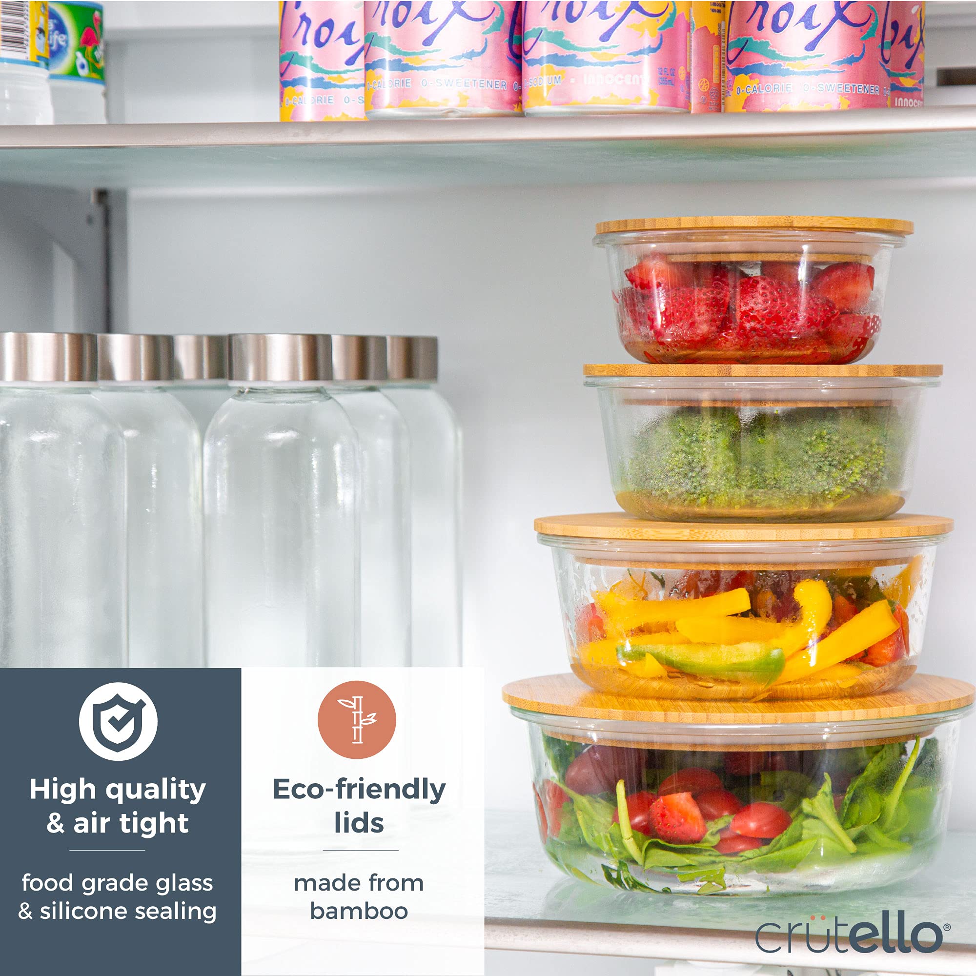 Crutello Glass Meal Prep Containers With Bamboo Lids, 4 Pack - Airtight Clear Food Storage Canisters For Kitchen Organization -