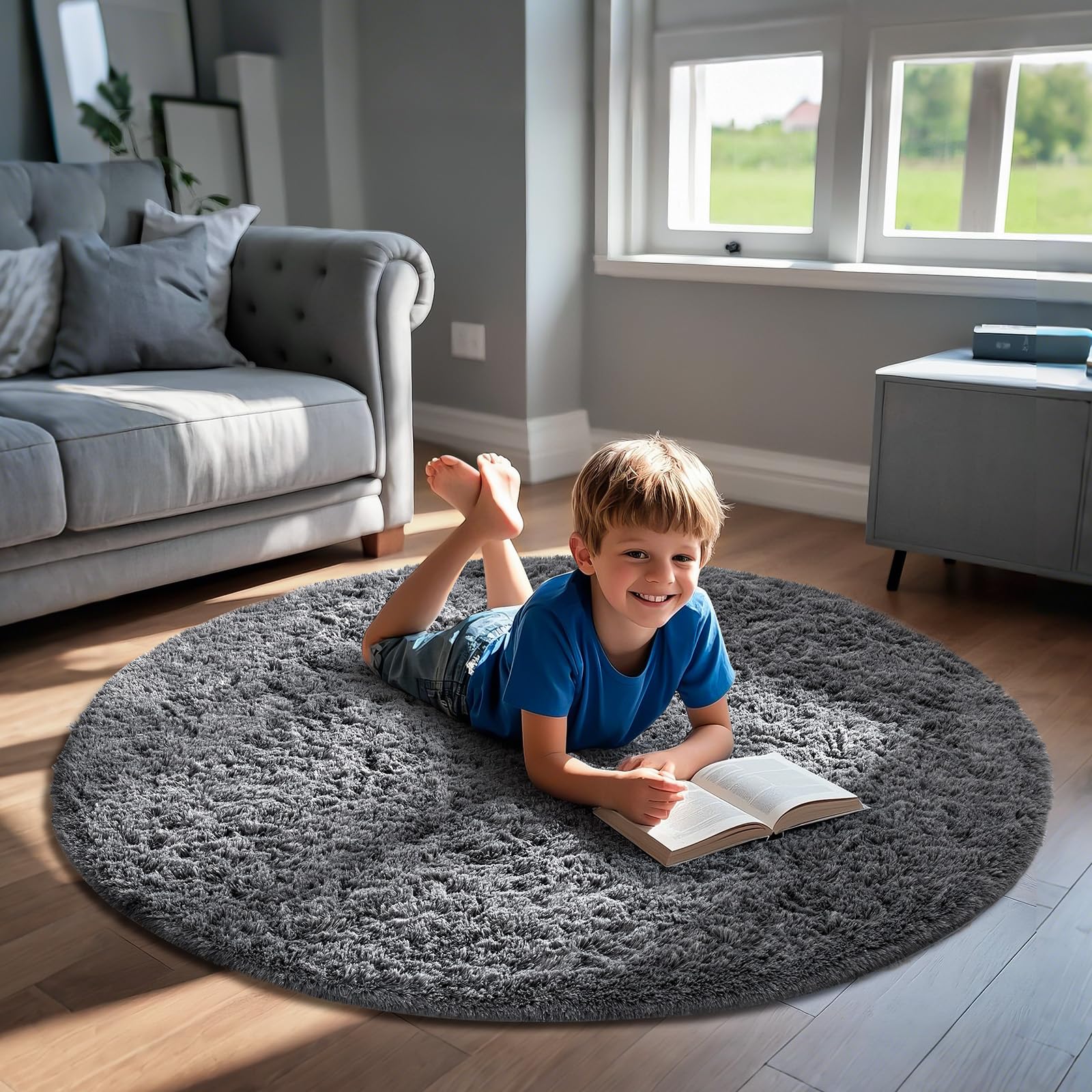 Ophanie Round Rugs 5Ft Grey Circle Area Rug, Fluffy Fuzzy Bedroom Carpet, Plush Soft Shaggy Indoor Floor Gray Living Room Rugs f