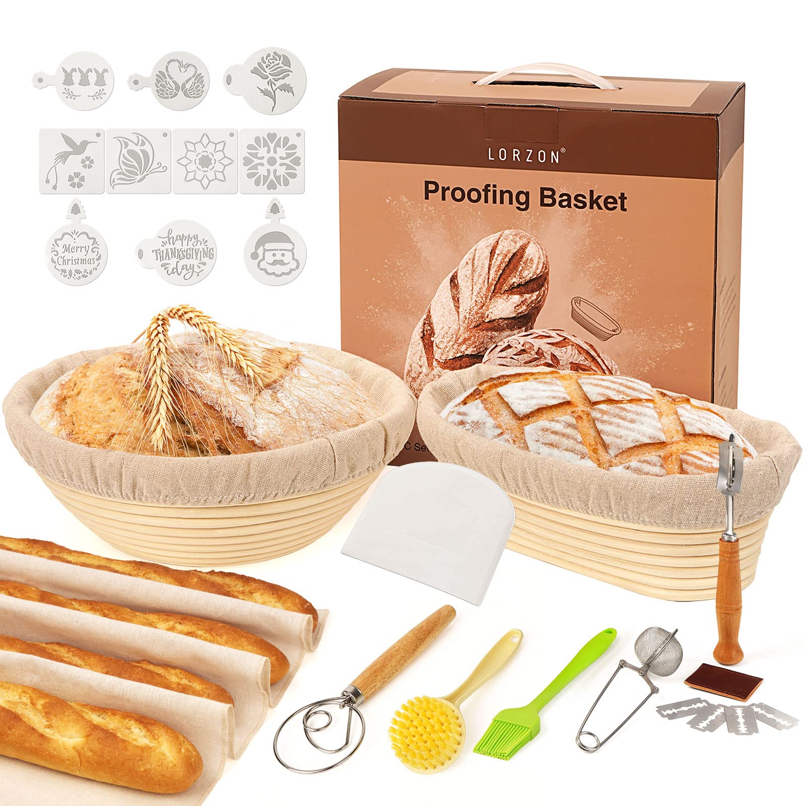 Lorzon Banneton Proofing Basket Set Of 2, 10 Inch Round & Oval Cane Bread Proofing Baskets With Sourdough Bread Baking Supplies,