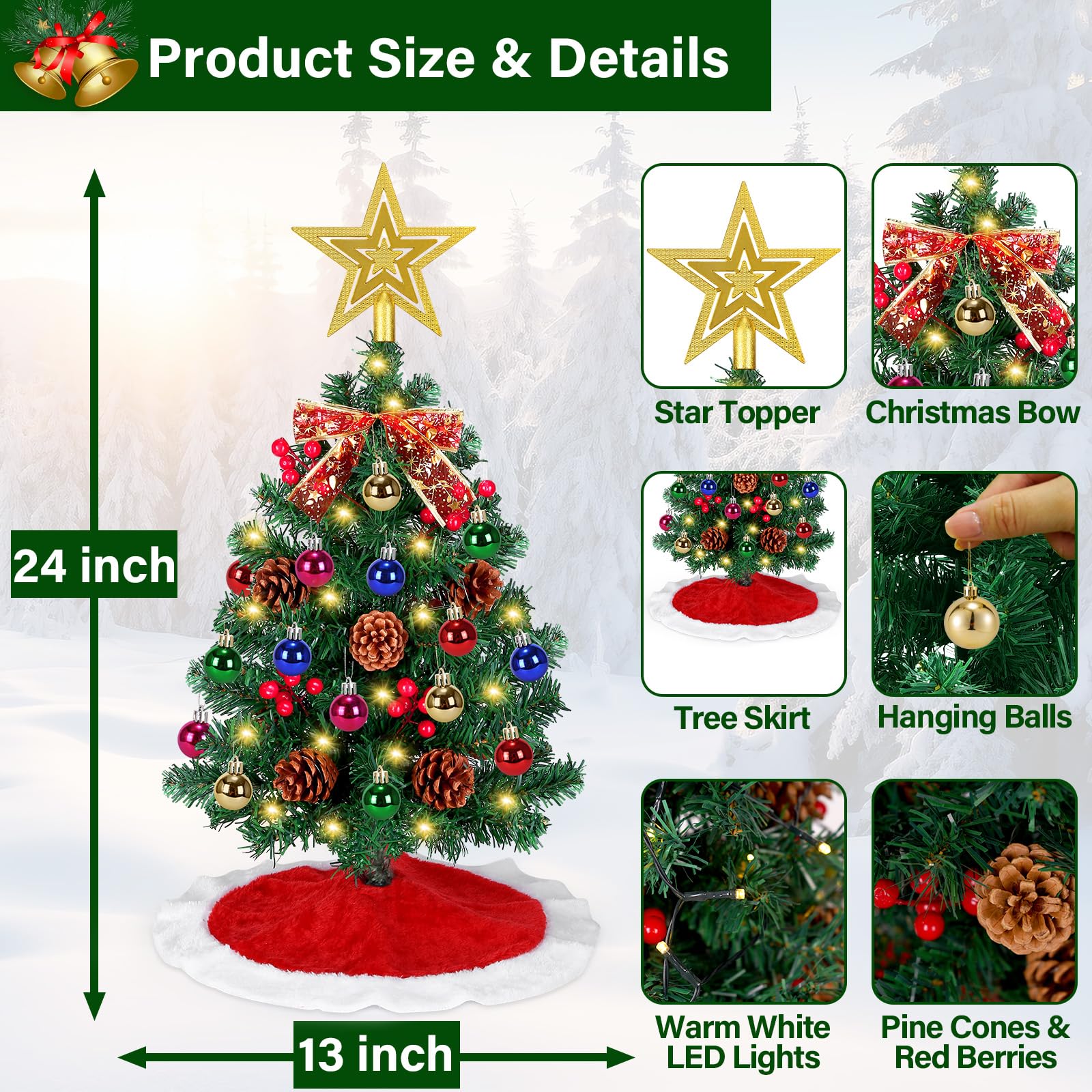 24 Inch Small Tabletop Christmas Tree with Tree Skirt, Christmas Pine Tree with 50 LED Lights, Star Treetop and Ornaments, Artif