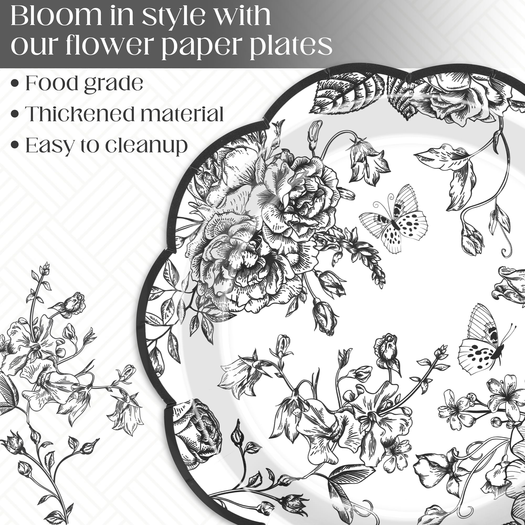 Kochorie 150 Pieces Black Flower Paper Plates 7 Inches Disposable Floral Paper Plates Scalloped Black Chinoiserie Vintage Flower