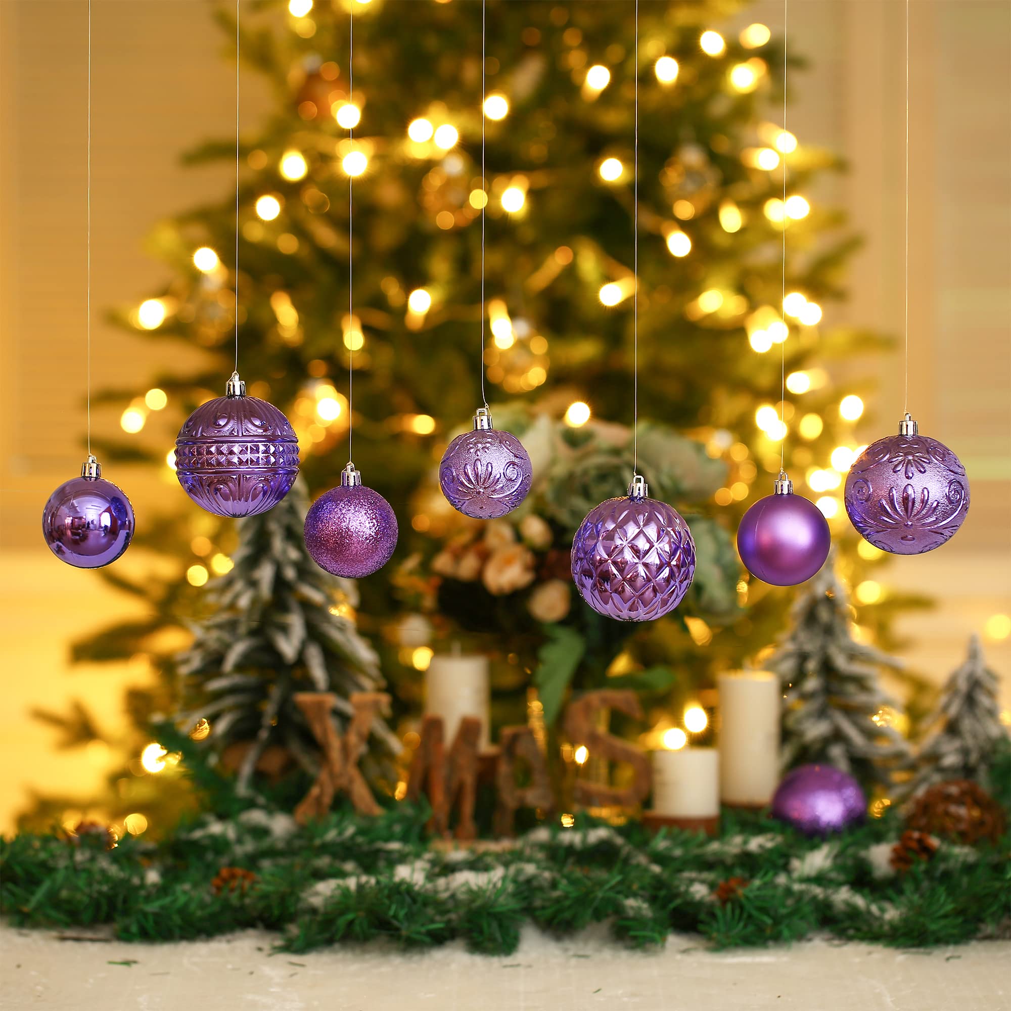 Christmas Ball Ornaments Light Purple Christmas Tree Decorations with Hang Rope-36pcs Shatterproof Christmas Ornaments Set with
