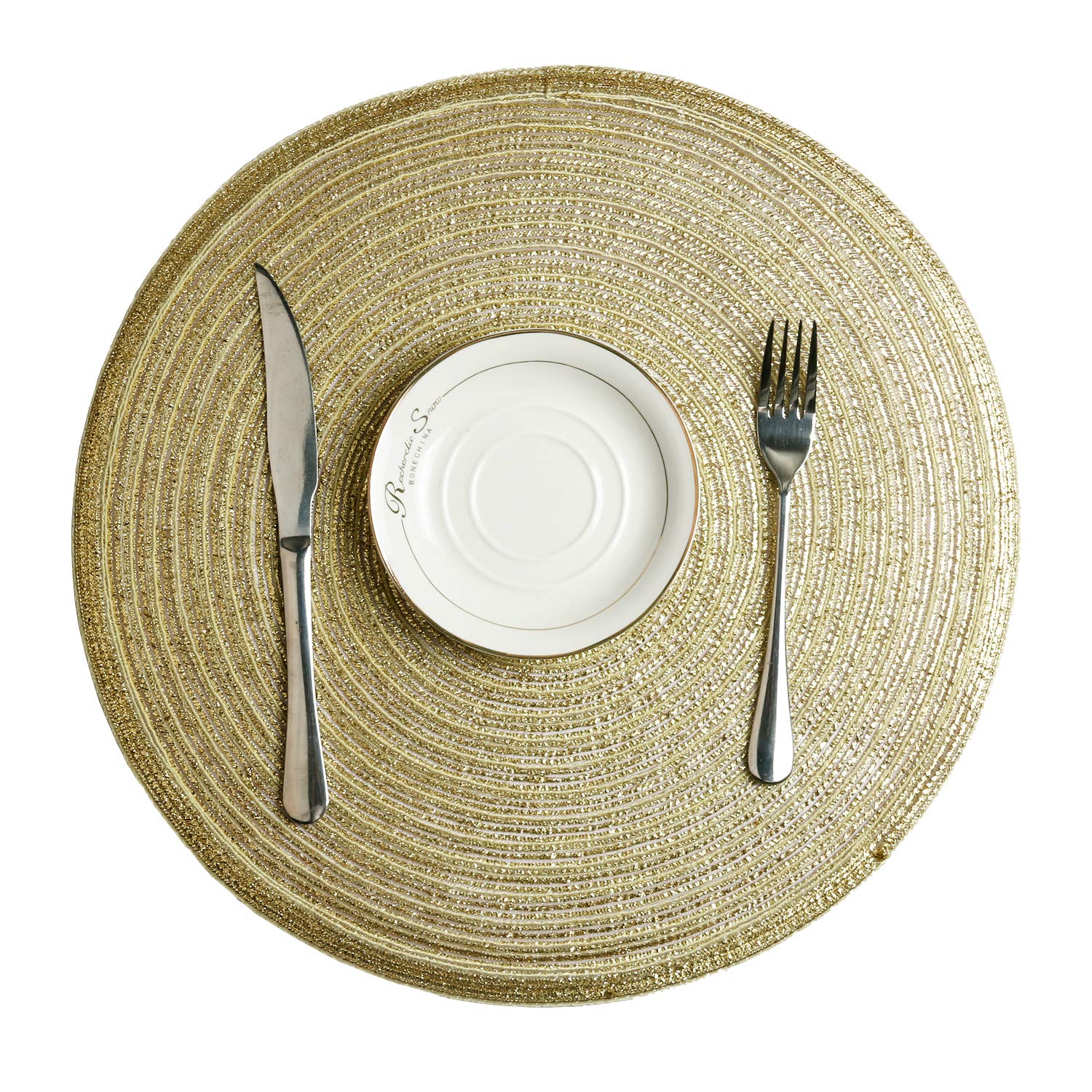 Shacos Golden Glitter Round Braided Placemats Set Of 6 Bling Circle Place Mats Washable Table Mats For Holiday Party Wedding Sho