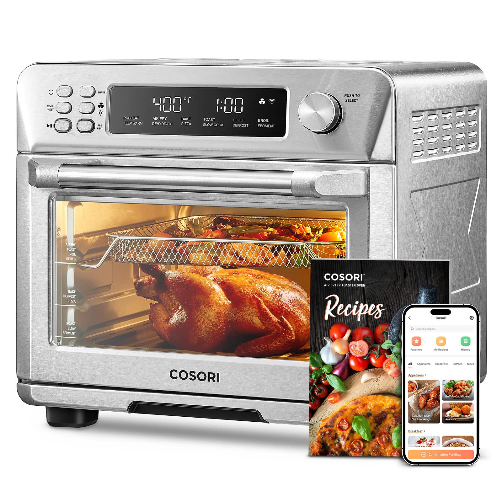 Cosori Air Fryer Toaster Oven Combo, 12-In-1 Convection Ovens Countertop, Stainless Steel, Smart, 6-Slice Toast, 12-Inch Pizza,
